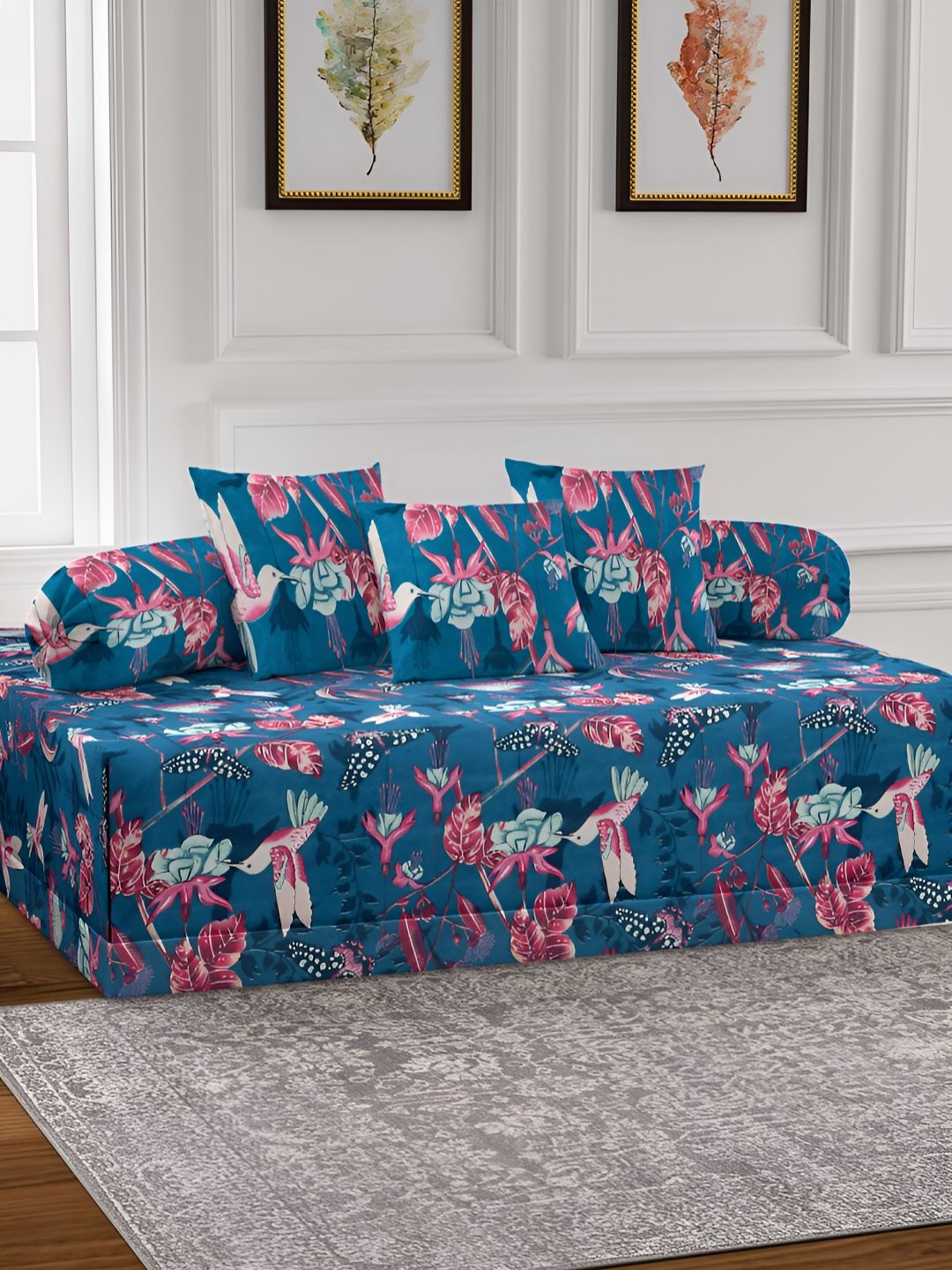 Aura Set Of 6 Pink & Blue Printed Animal TC Cotton Diwan Set-picture-41