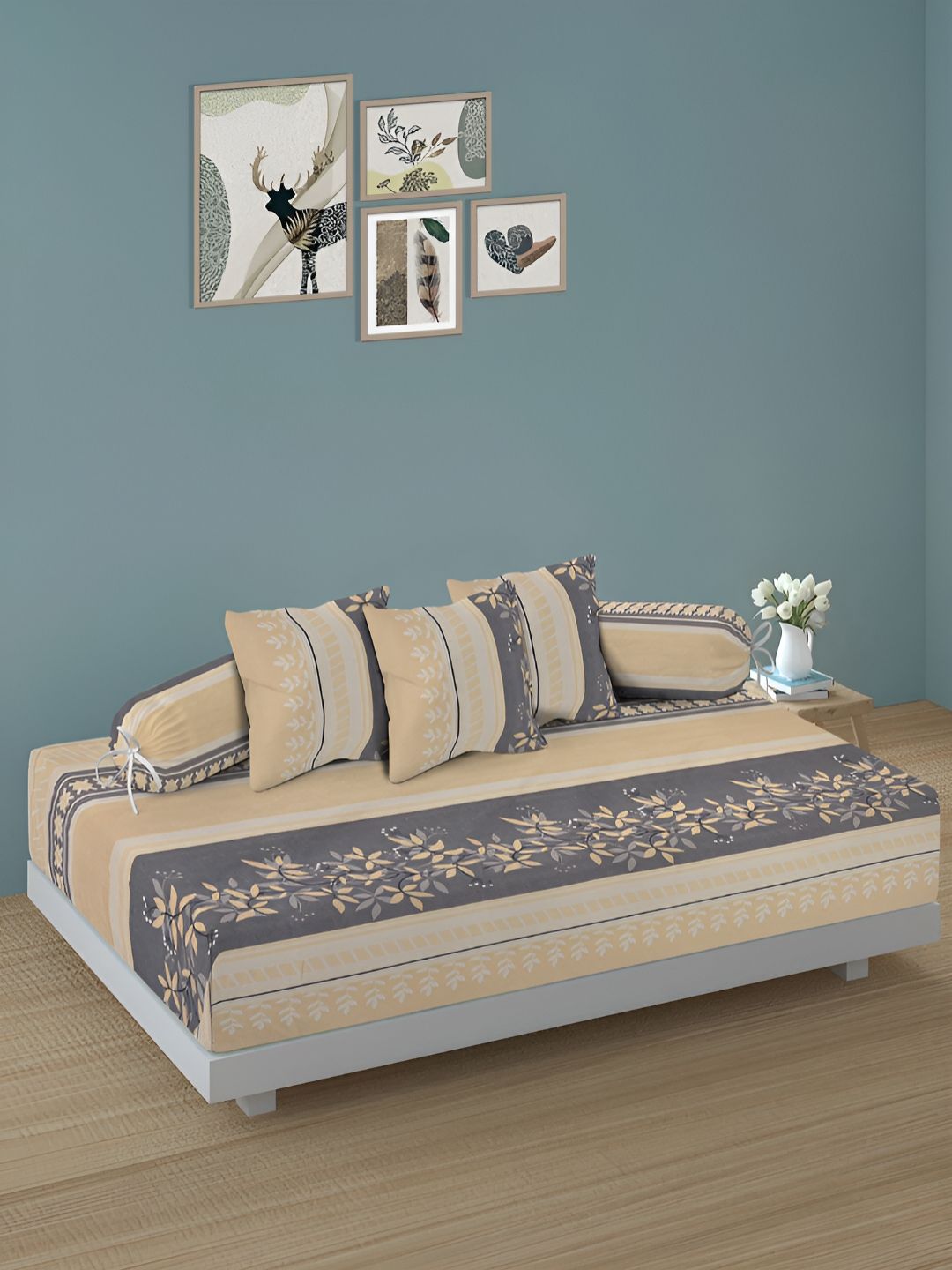 Aura Set Of 6 Brown & Cream Printed Floral TC Cotton Diwan Set-picture-25