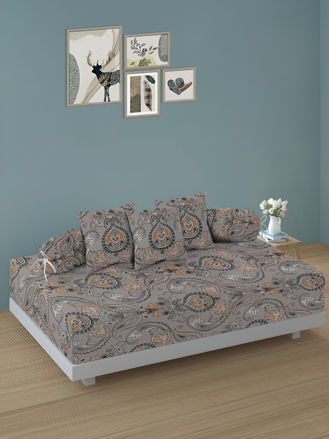 Aura Set of 6 Beige Coloured Floral Printed Superfine Diwan Set-picture-42