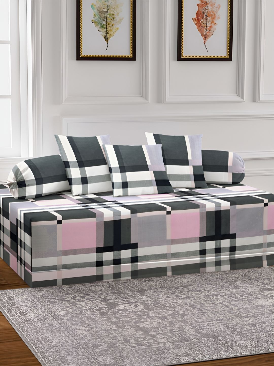 Aura Set of 6 Checked Printed Superfine Diwan Set-picture-24