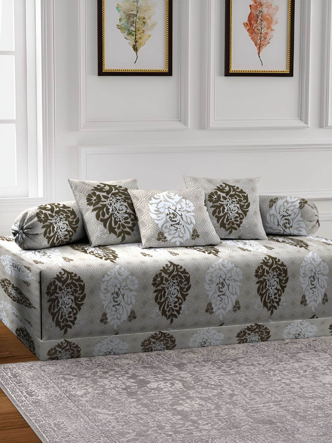 Aura Set Of 6 Brown & White Printed Indian TC Cotton Diwan Set-picture-28