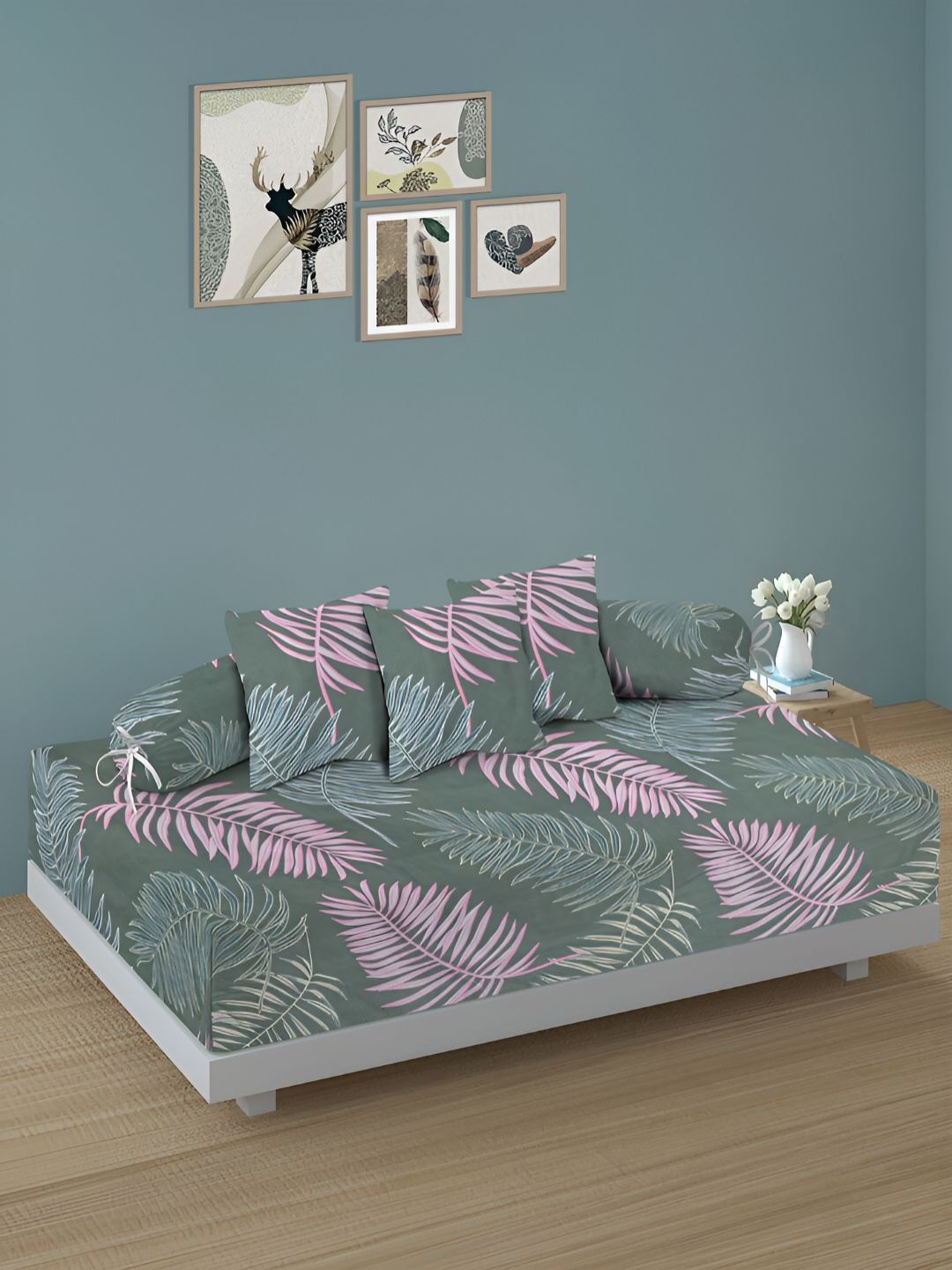 Aura Set of 6 Green Leaf Printed Superfine Diwan Set-picture-30