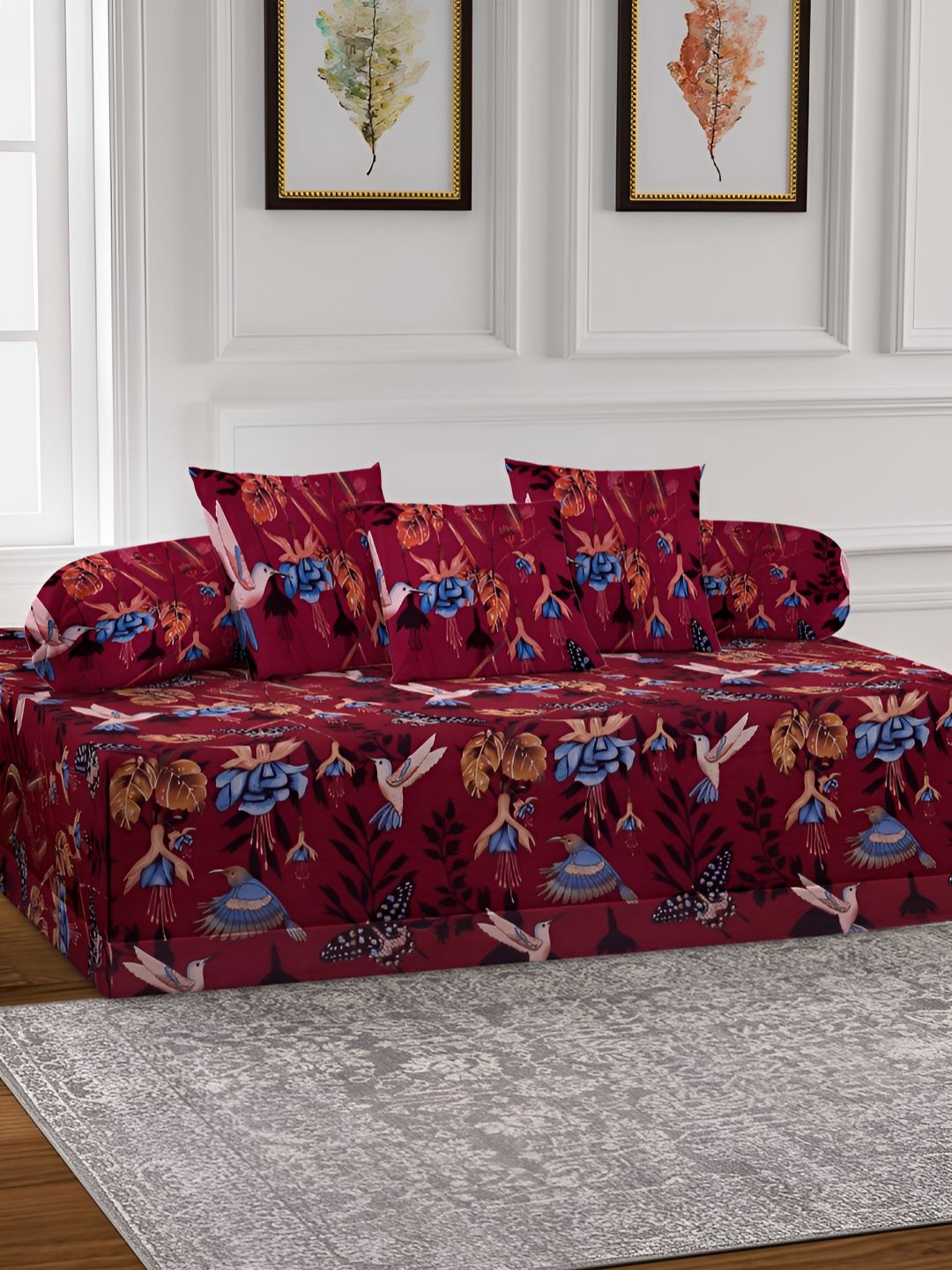 Aura Set Of 6 Maroon & Blue Printed Animal TC Cotton Diwan Set-image-39
