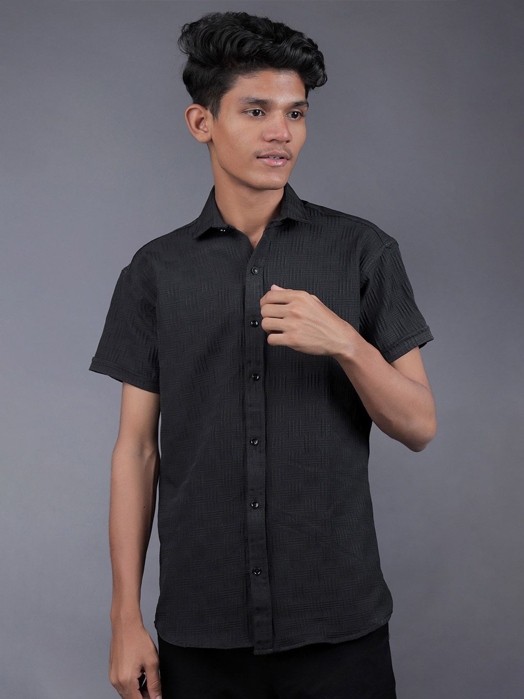 CRESALE Boys Textured Spread Collar Short Sleeves Comfort Casual Cotton Shirt-picture-19