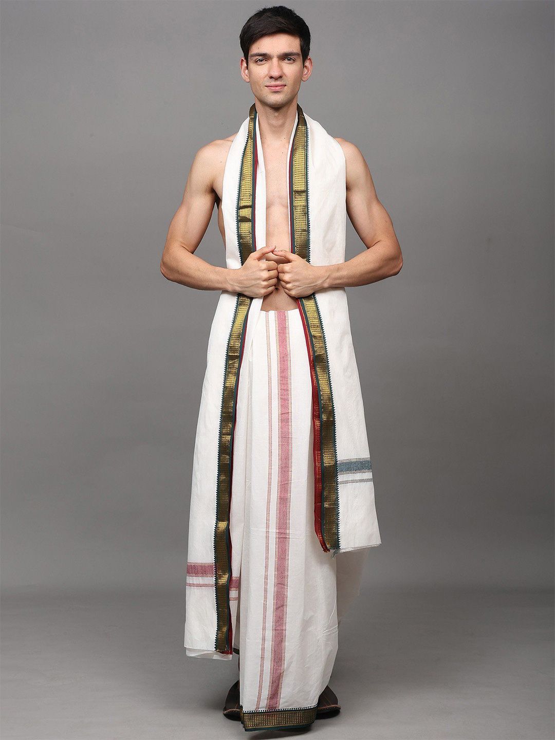 Exotic India Men Star-White Zari Woven Border Drape Dhoti with with Angavastram Set-image-42