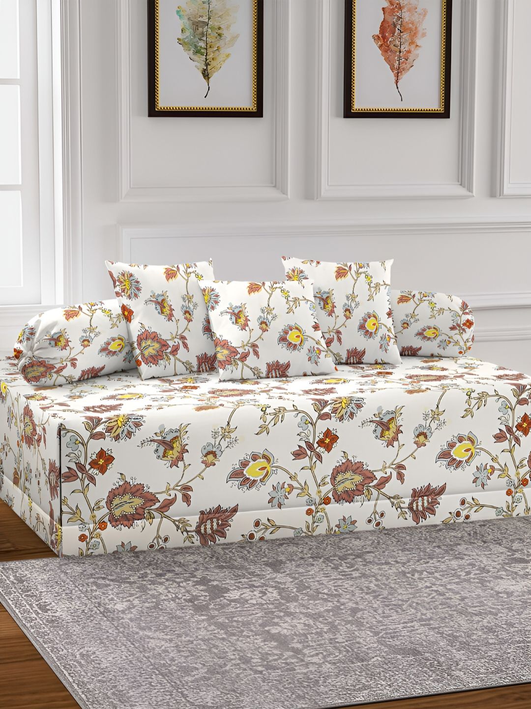Aura Set Of 6 Brown & Blue Printed Floral TC Cotton Diwan Set-picture-16