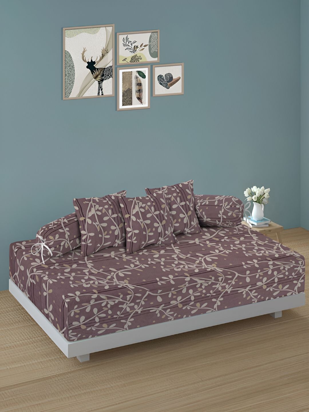 Aura Set Of 6 Brown & Peach Printed Floral TC Cotton Diwan Set-picture-26