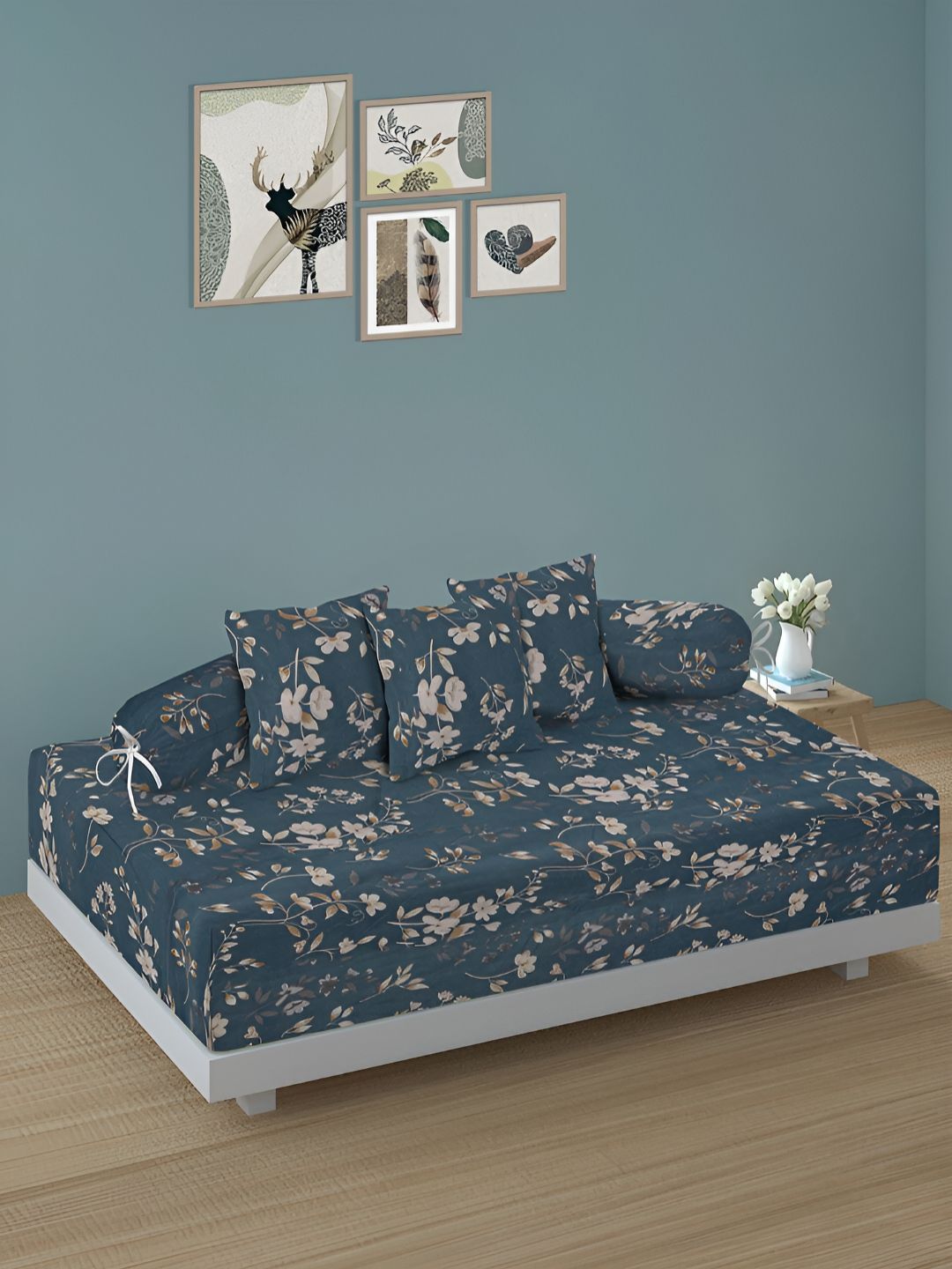 Aura Set Of 6 Peach & Blue Printed Floral TC Cotton Diwan Set-picture-35