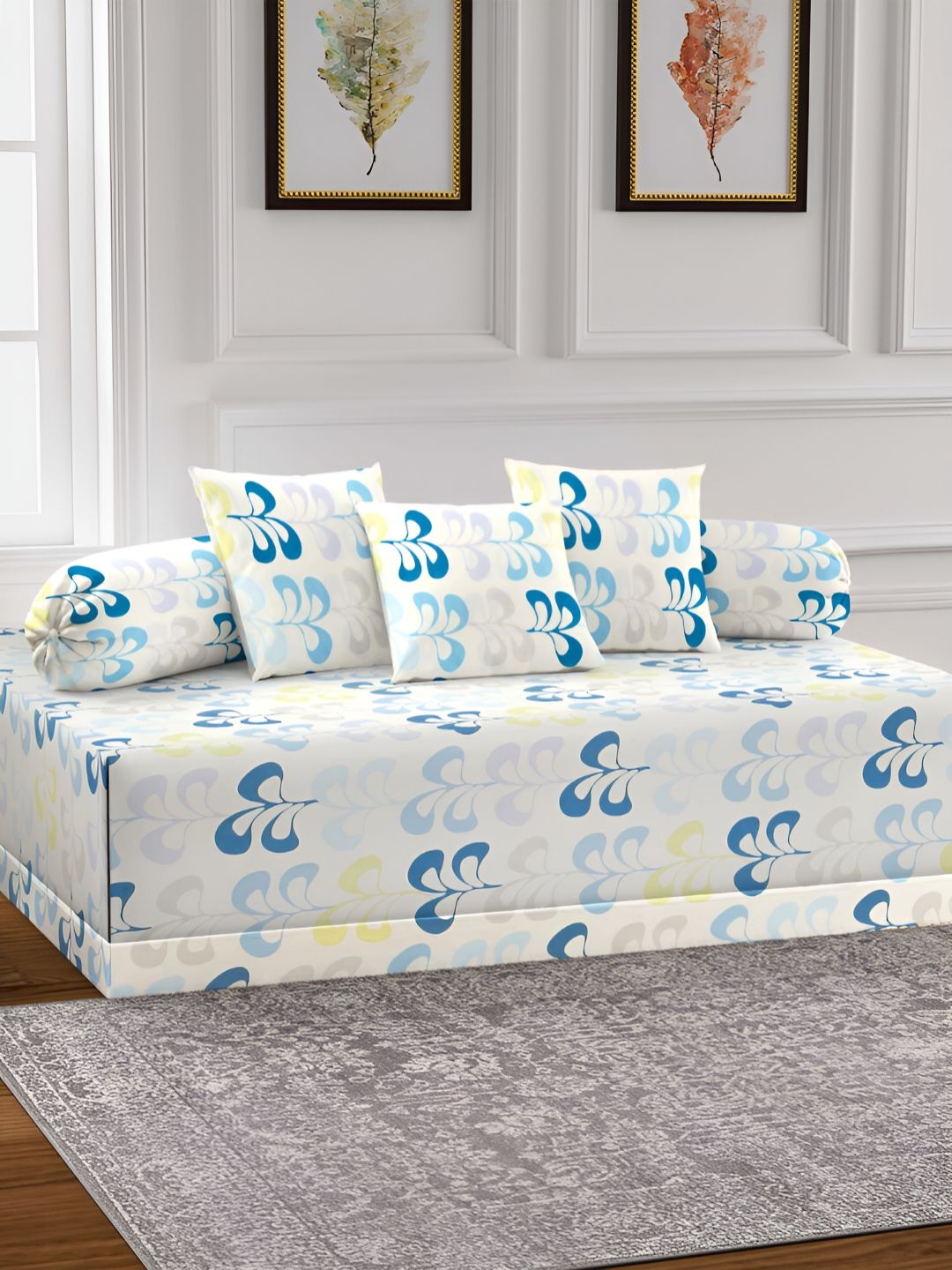 Aura Set Of 6 White & Blue Printed Floral TC Cotton Diwan Set-picture-13