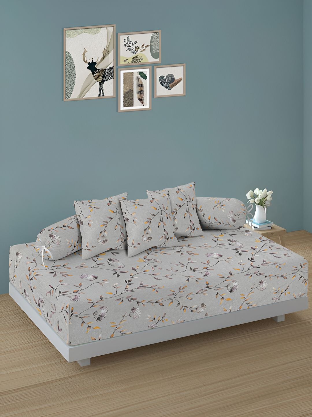 Aura Set Of 6 Beige & Grey Printed Floral TC Cotton Diwan Set-picture-31