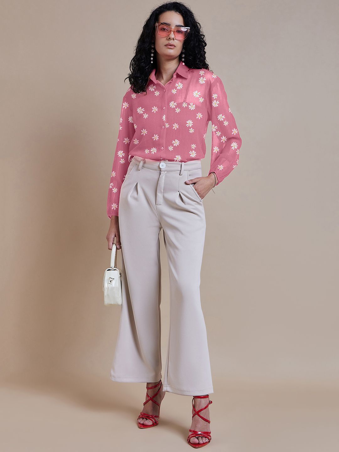 Women's Peach Spread Collar Floral Printed Casual Shirt