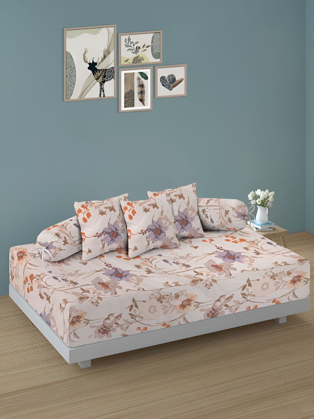 Aura Set of 6 OffWhite Floral Printed Superfine Diwan Set-image-25