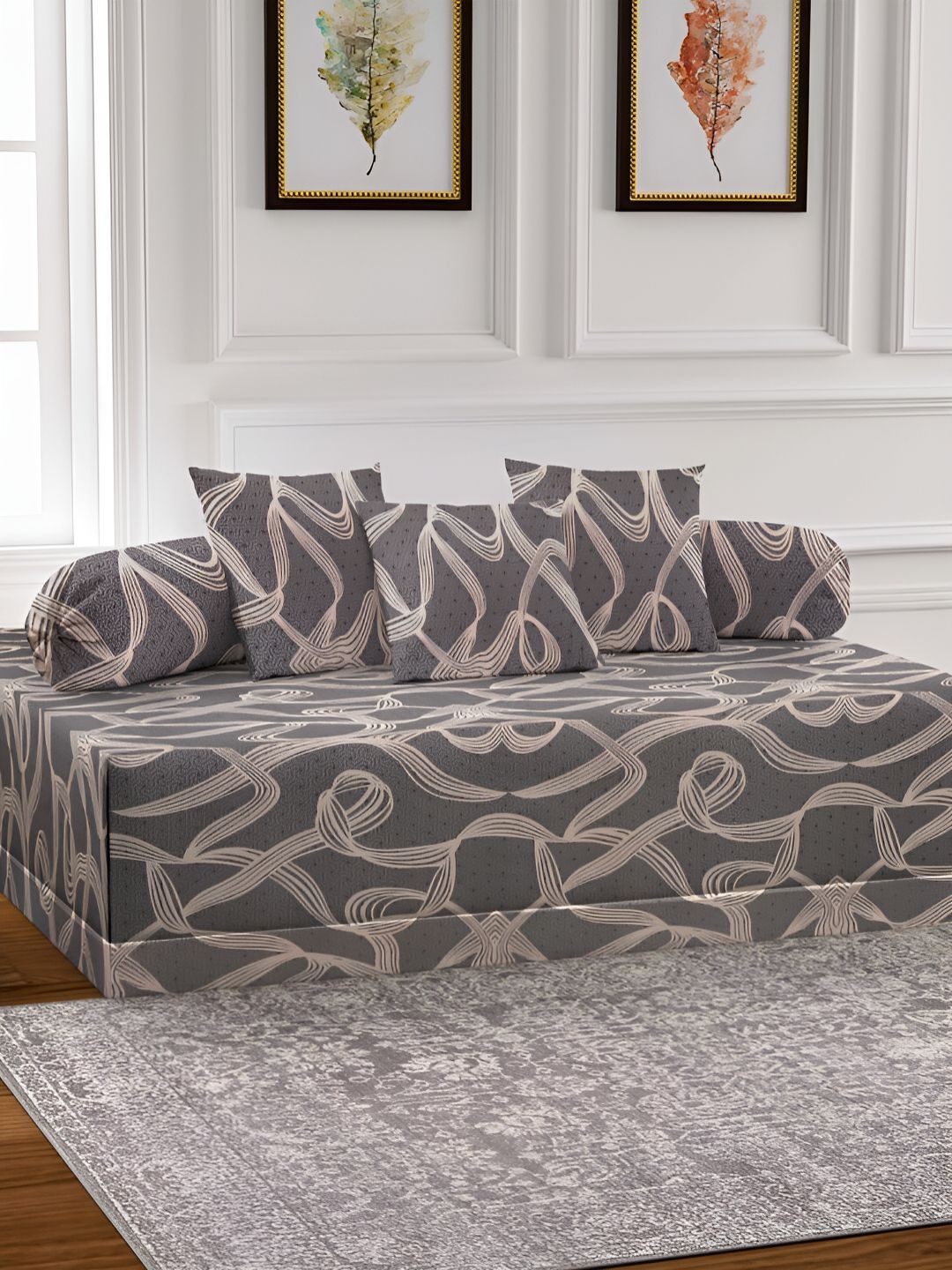 Aura Set Of 6 Grey & Peach Printed Abstract TC Cotton Diwan Set-picture-27