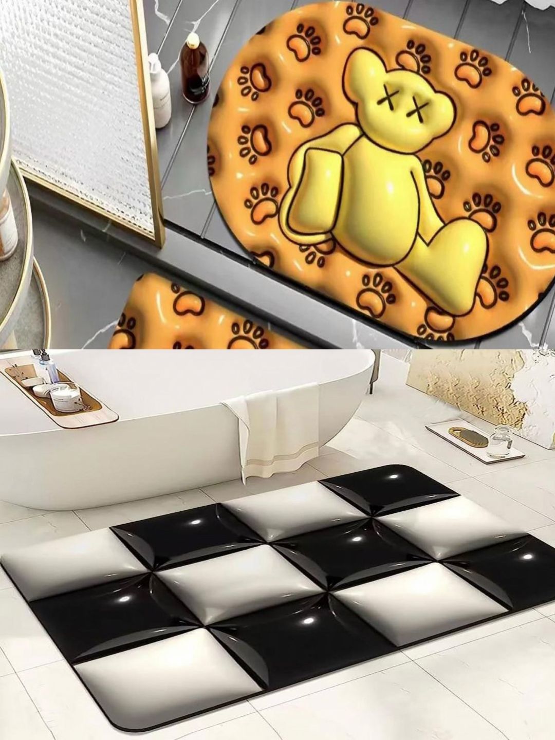 AAZEEM 2Pcs Yellow & Black Printed Anti Slip Bath Rugs-image-29