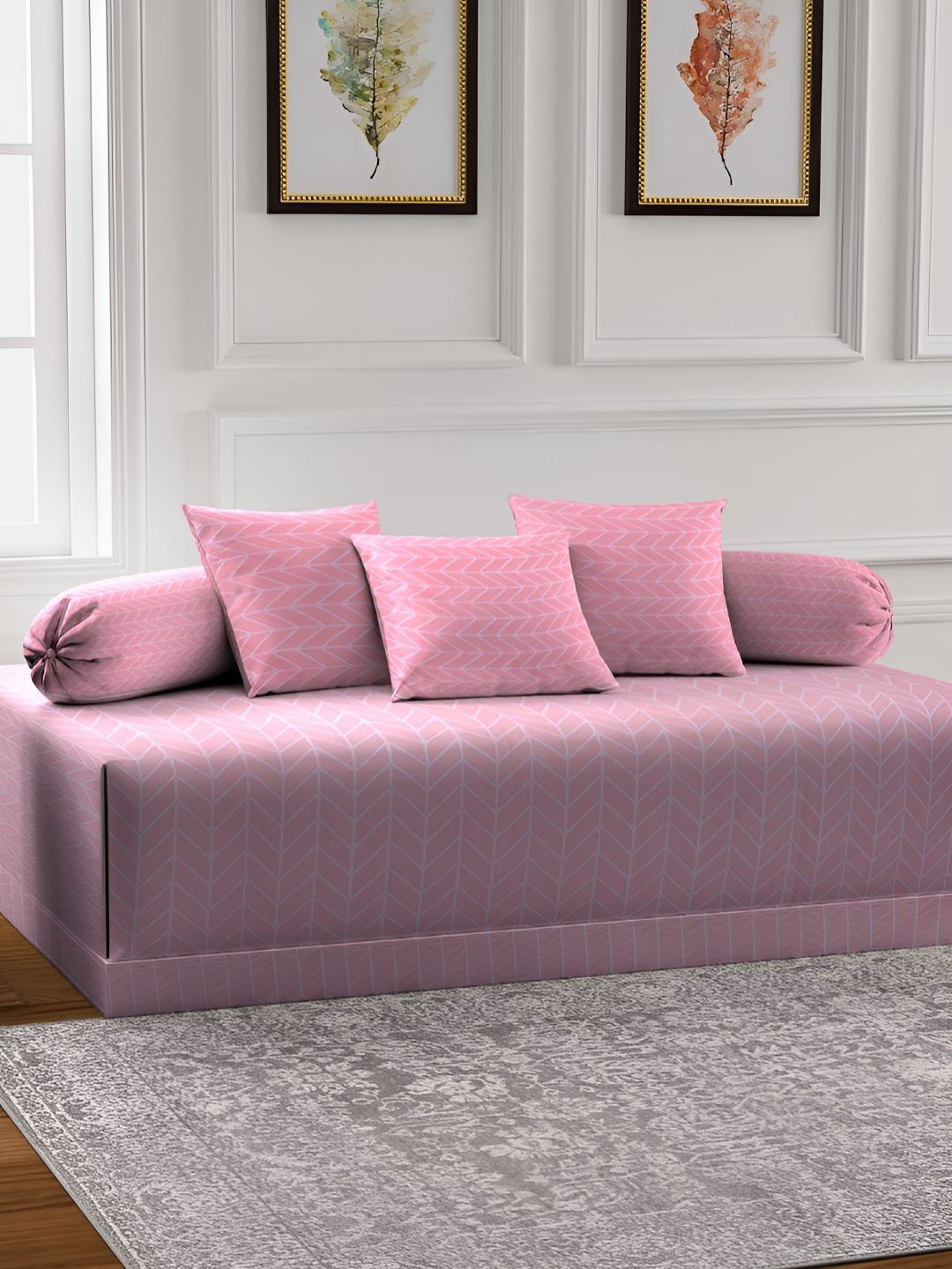 Aura Set Of 6 Pink & White Printed Geometric TC Cotton Diwan Set-picture-28