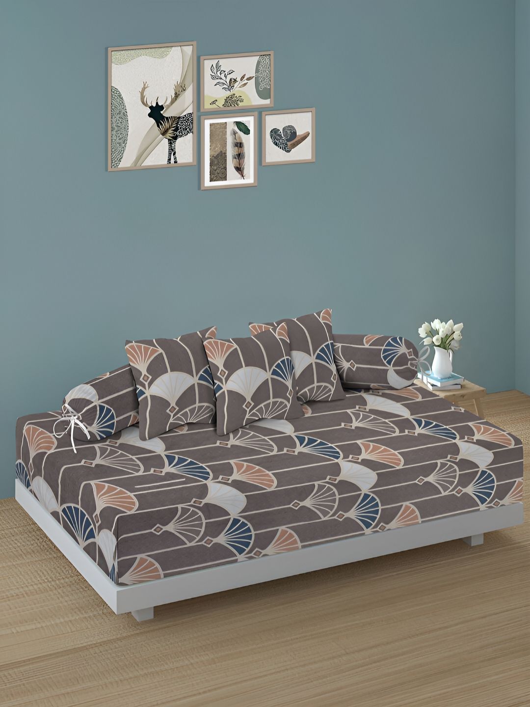 Aura Set Of 6 Grey & Blue Printed Geometric TC Cotton Diwan Set-picture-32