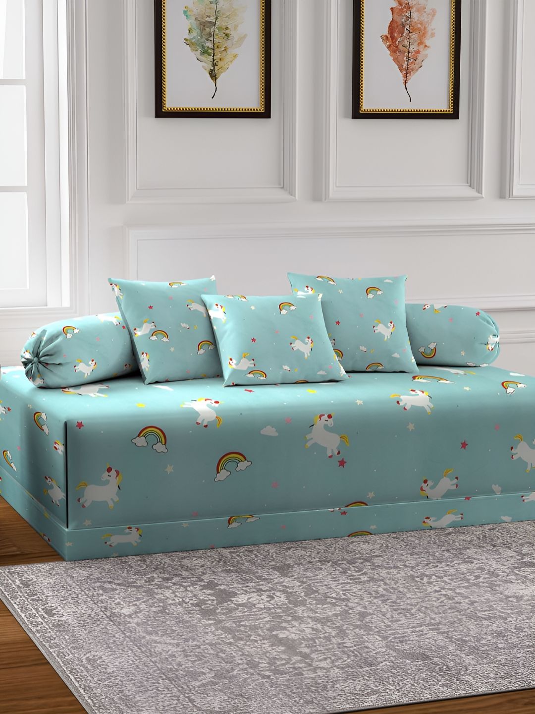Aura Set Of 6 Blue & White Printed Cartoon TC Cotton Diwan Set-picture-37