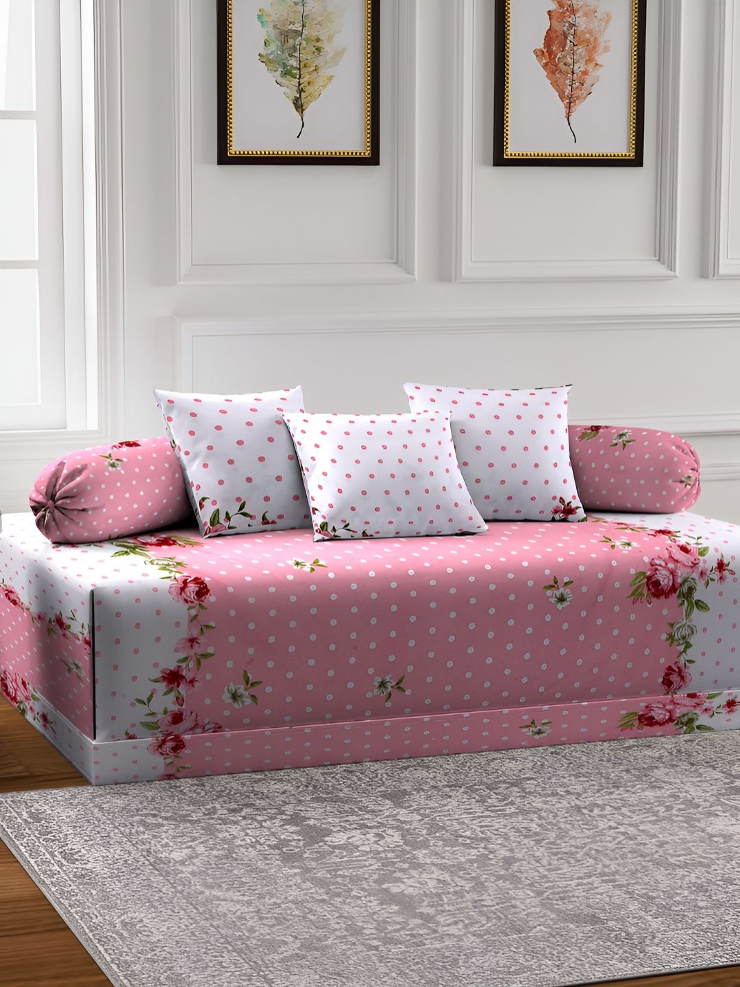 Aura Set Of 6 Pink & White Printed Floral TC Cotton Diwan Set-picture-27
