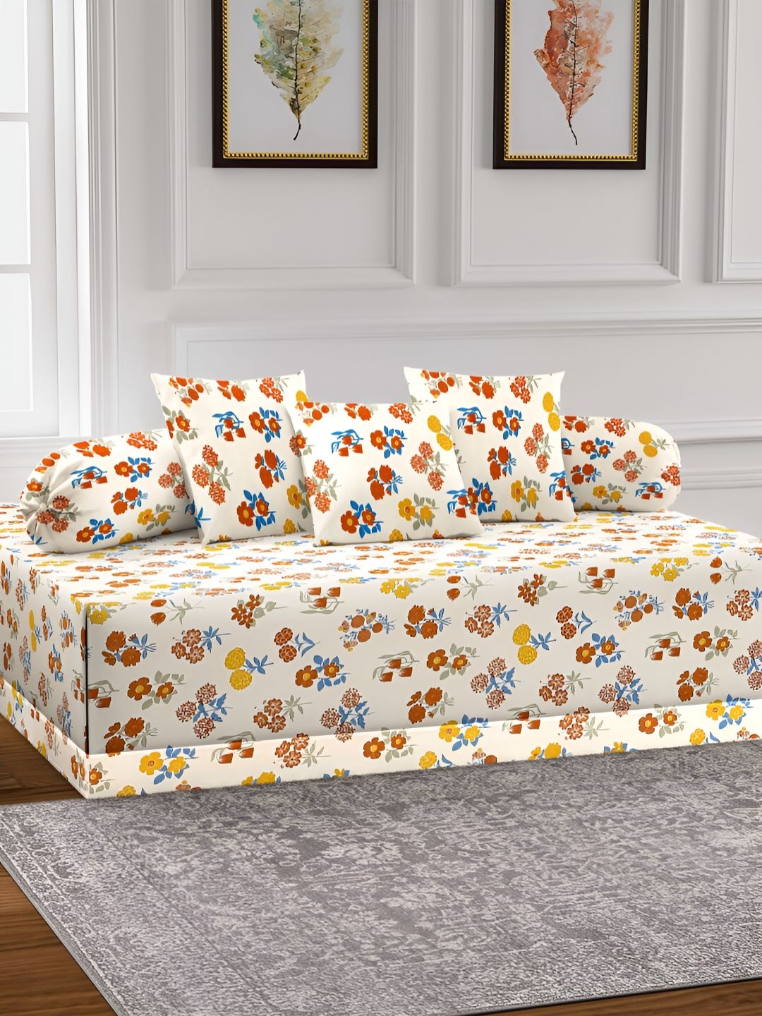 Arrabi Set of 6 Cream & Red Floral Printed Diwan Set-image-28