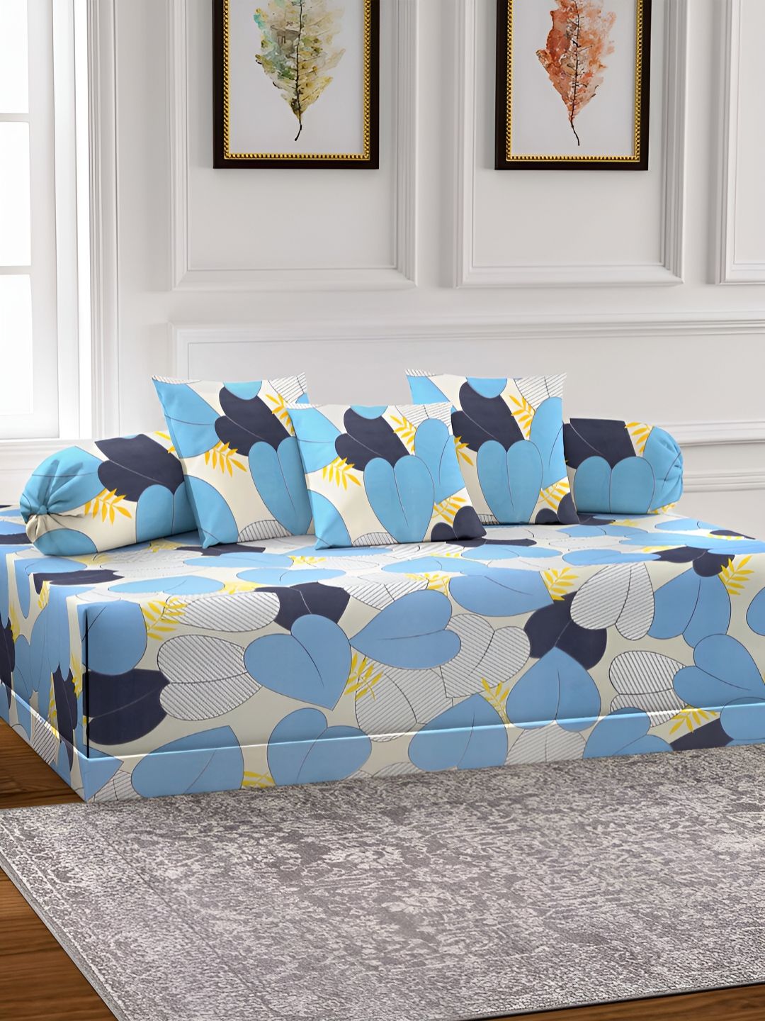 Aura Set Of 6 Black & Blue Printed Geometric TC Cotton Diwan Set-picture-40