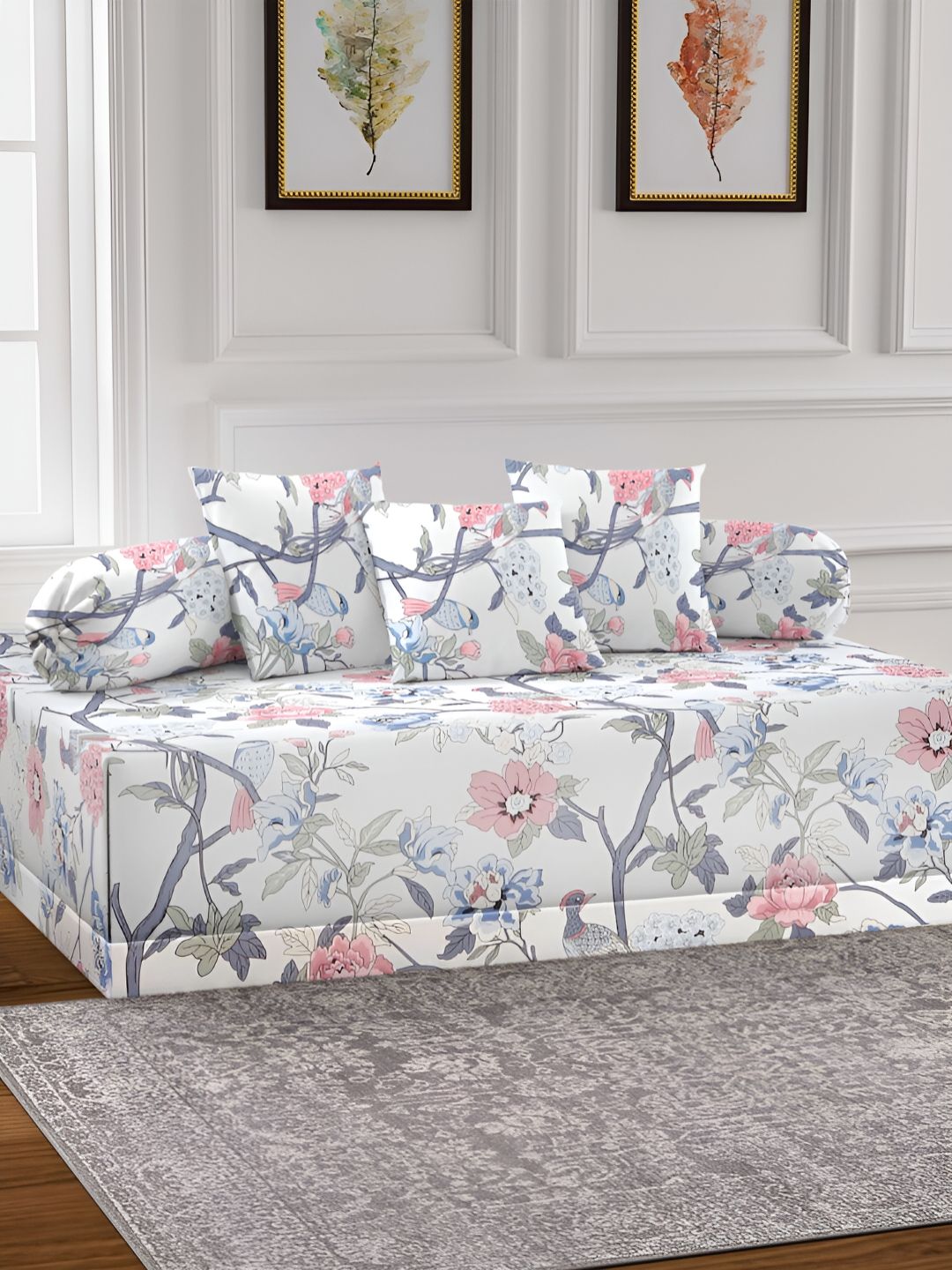 Aura Set Of 6 White & Grey Printed Floral TC Cotton Diwan Set-picture-33
