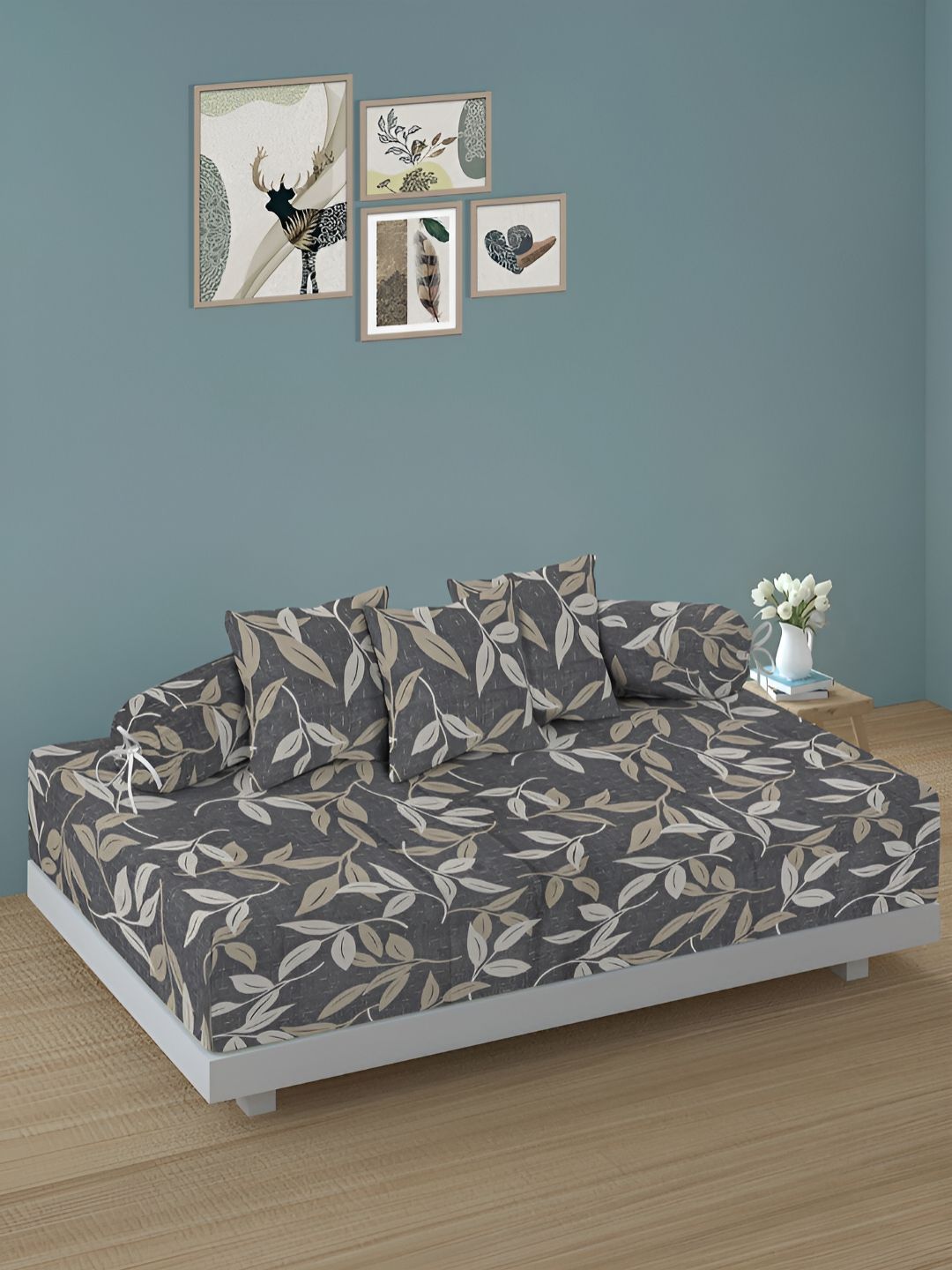 Aura Set Of 6 Brown & Blue Printed Leaf TC Cotton Diwan Set-picture-20