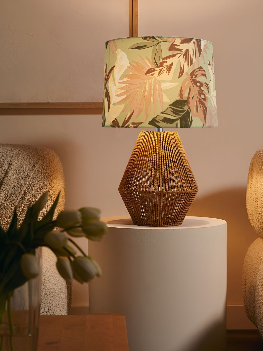 Decorcity Off White Printed Cylindrical Shaped Table Lamp with Bulb-picture-42