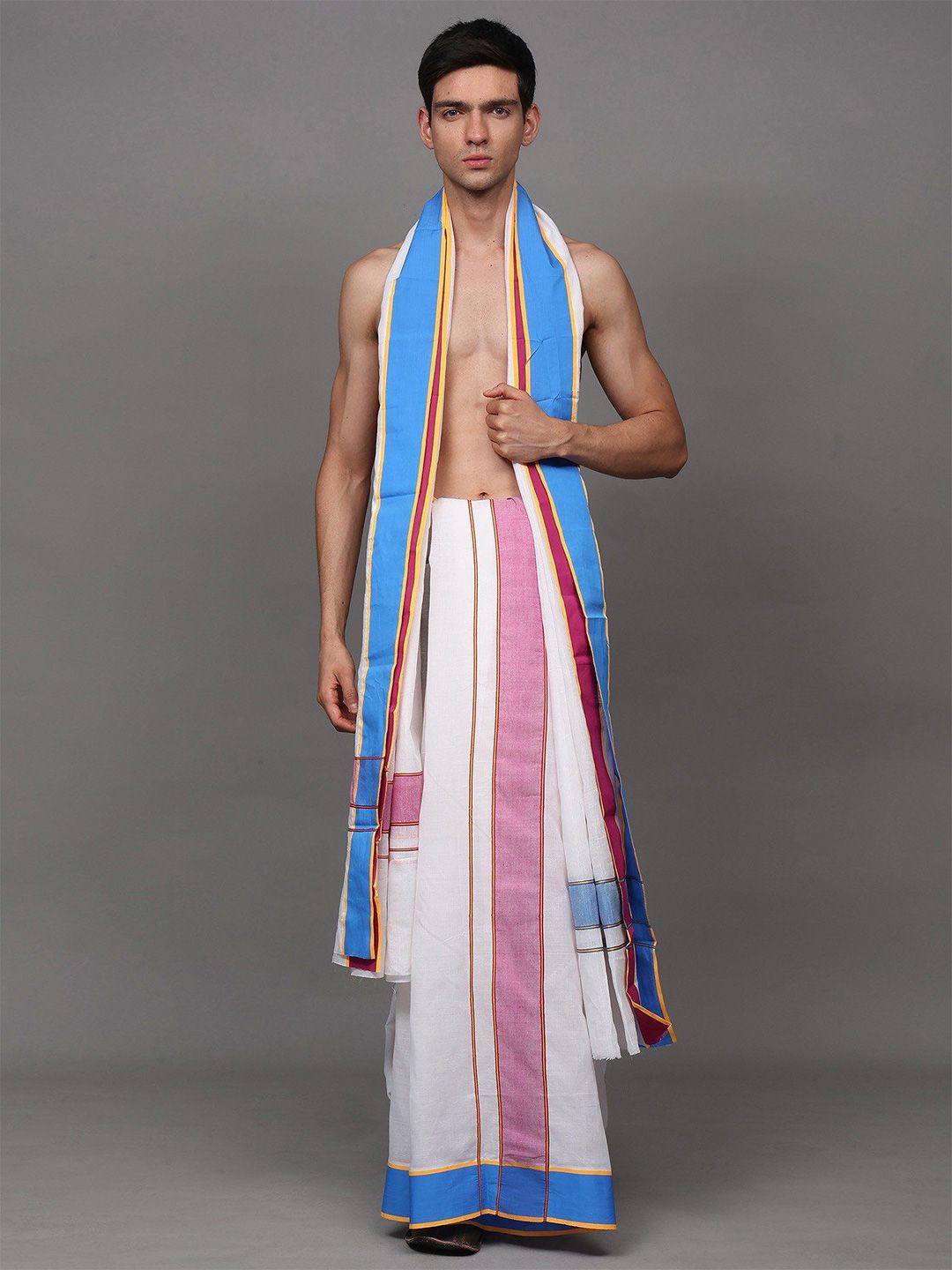 Exotic India Men Bright-White Contrast Stripes Border Dhoti with Angavastram Set-image-43
