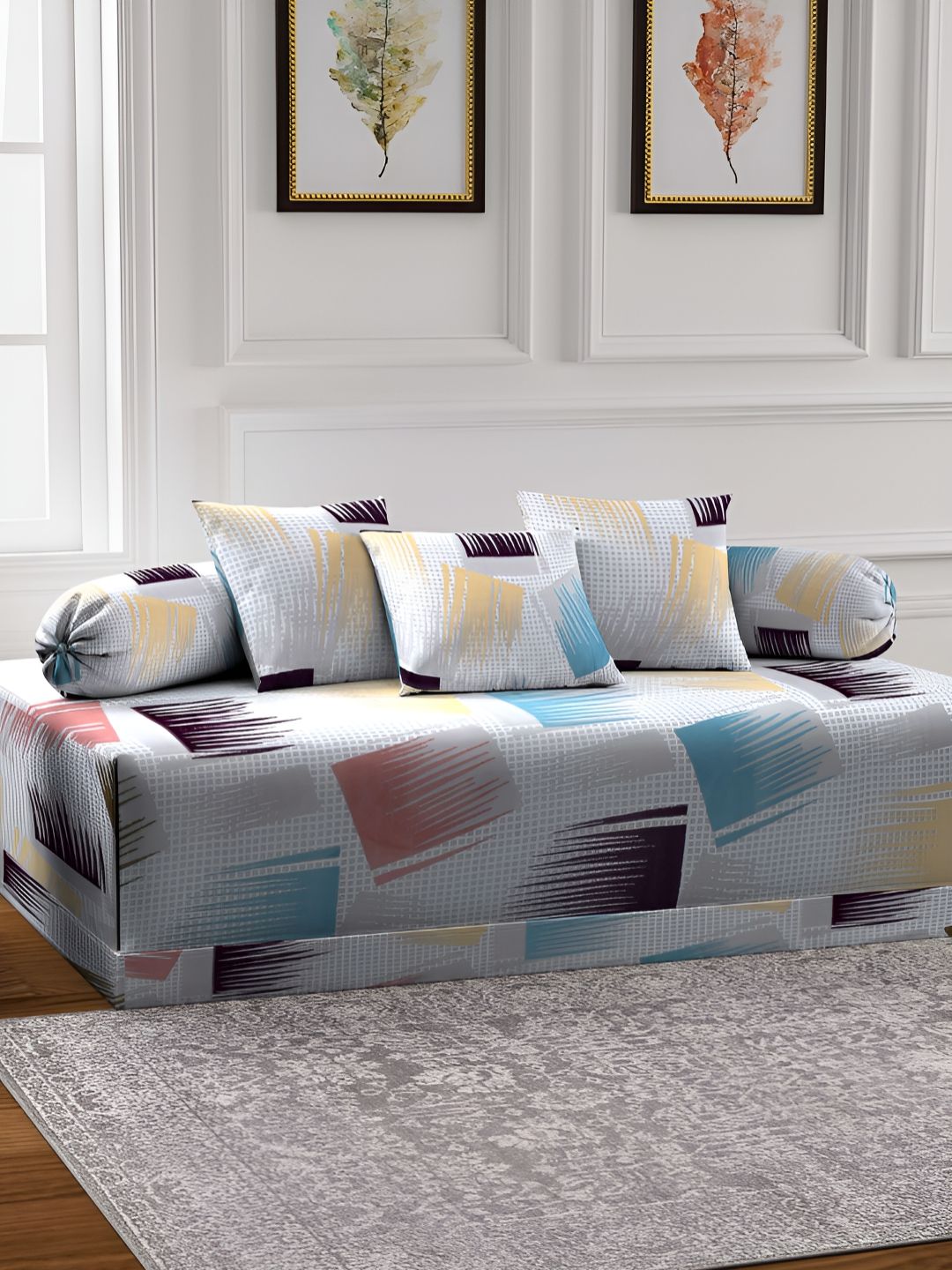 Aura Set Of 6 Grey & Yellow Printed Abstract TC Cotton Diwan Set-picture-25