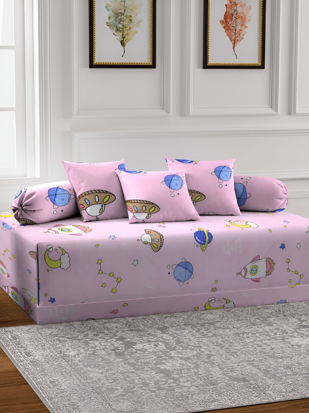 Aura Set Of 6 Pink & Blue Printed Cartoon TC Cotton Diwan Set-picture-19