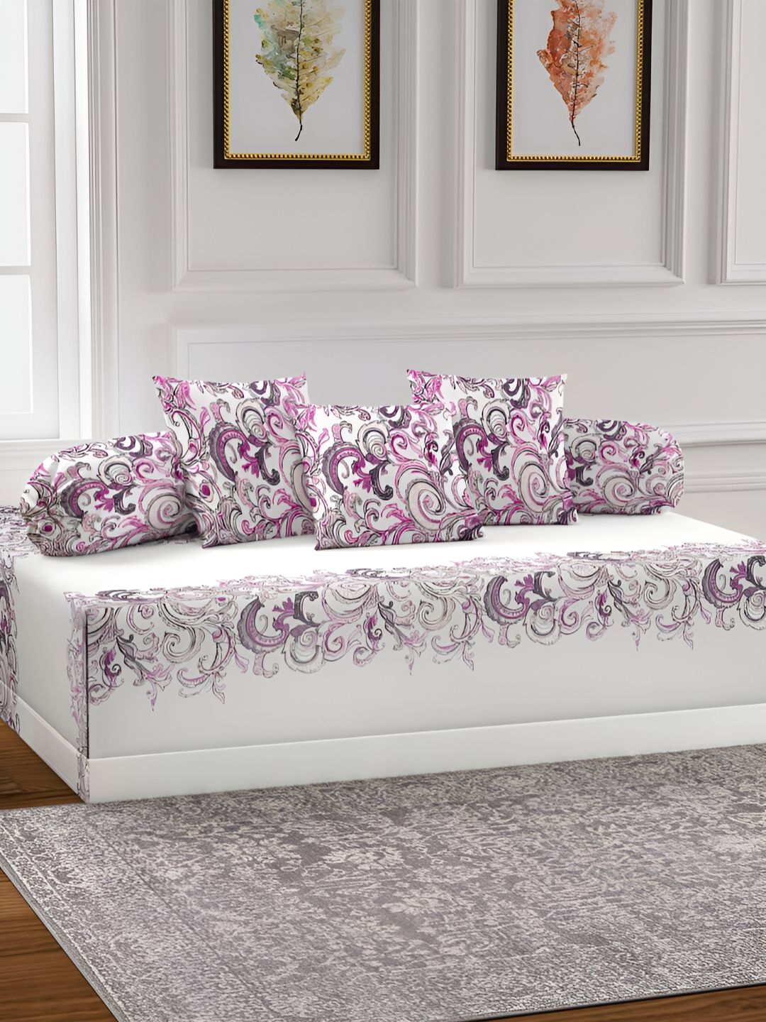 Aura Set Of 6 Purple & Cream Printed Floral TC Cotton Diwan Set-picture-25