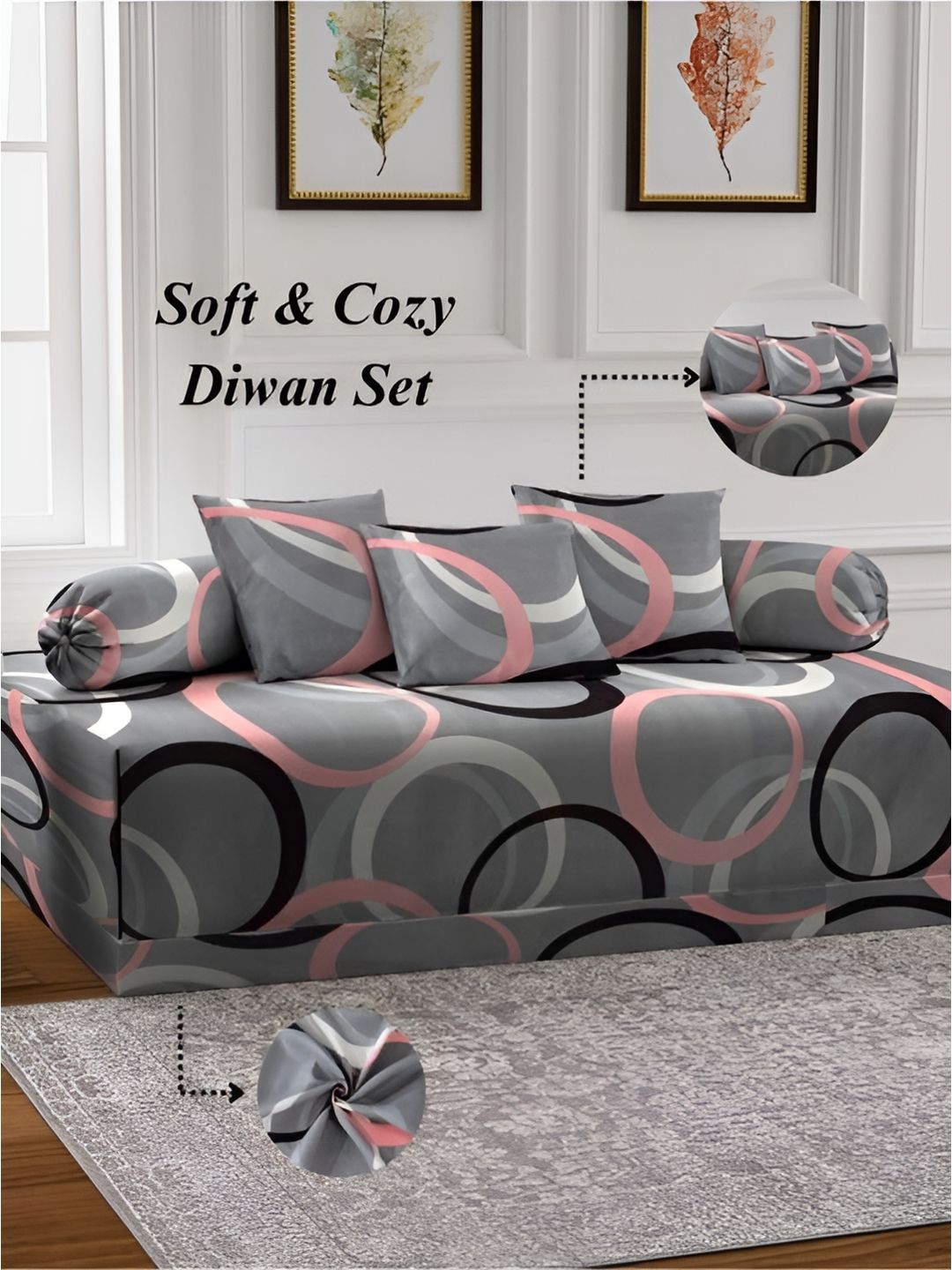 Aura Set Of 6 Grey & Pink Printed Geometric TC Cotton Diwan Set-picture-27