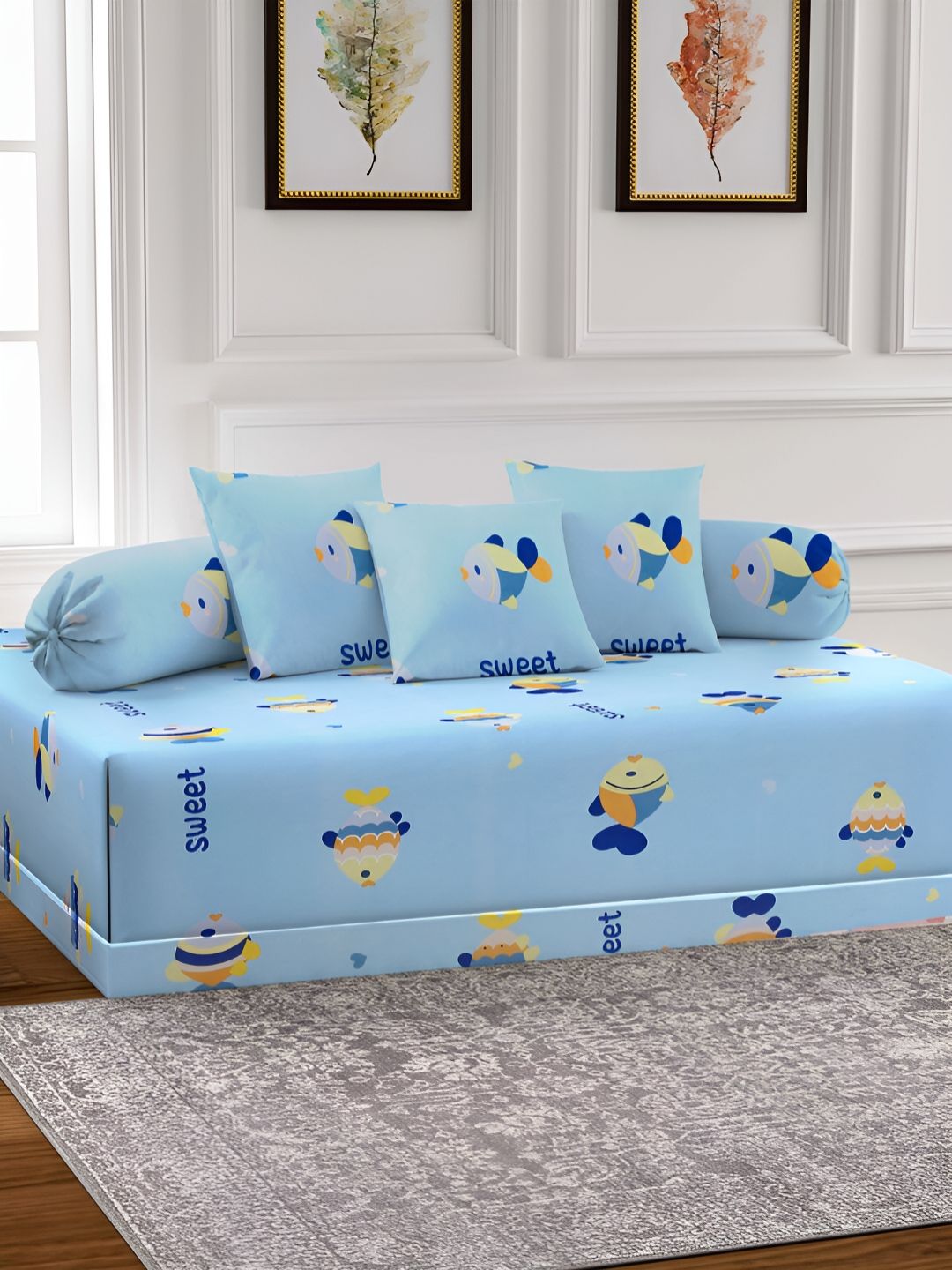 Aura Set Of 6 Brown & Blue Printed Cartoon TC Cotton Diwan Set-picture-17