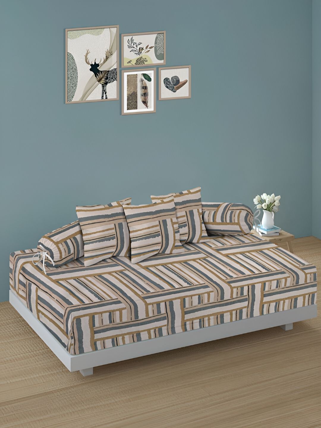 Aura Set Of 6 Beige & Black Printed Geometric TC Cotton Diwan Set-picture-26