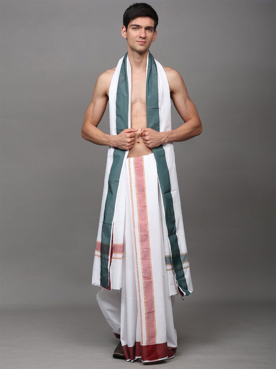 Exotic India Men Lucent-White Cotton Dual-Color Stripe Border Dhoti with Angavastram Set-image-14