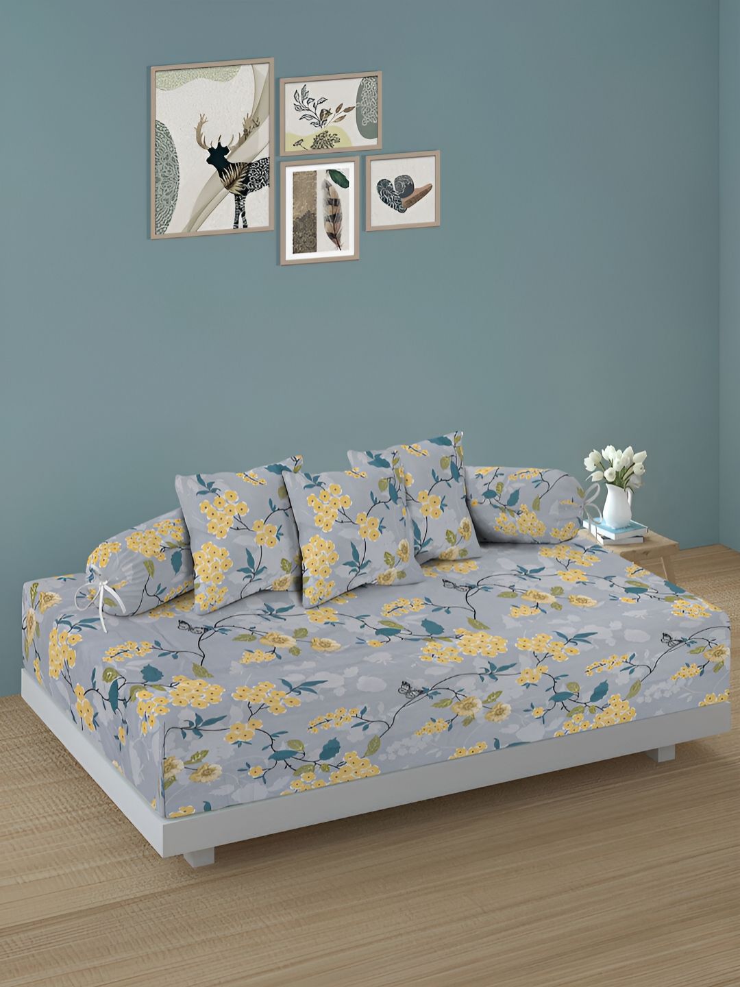 Aura Set Of 6 Yellow & Blue Printed Floral TC Cotton Diwan Set-picture-36