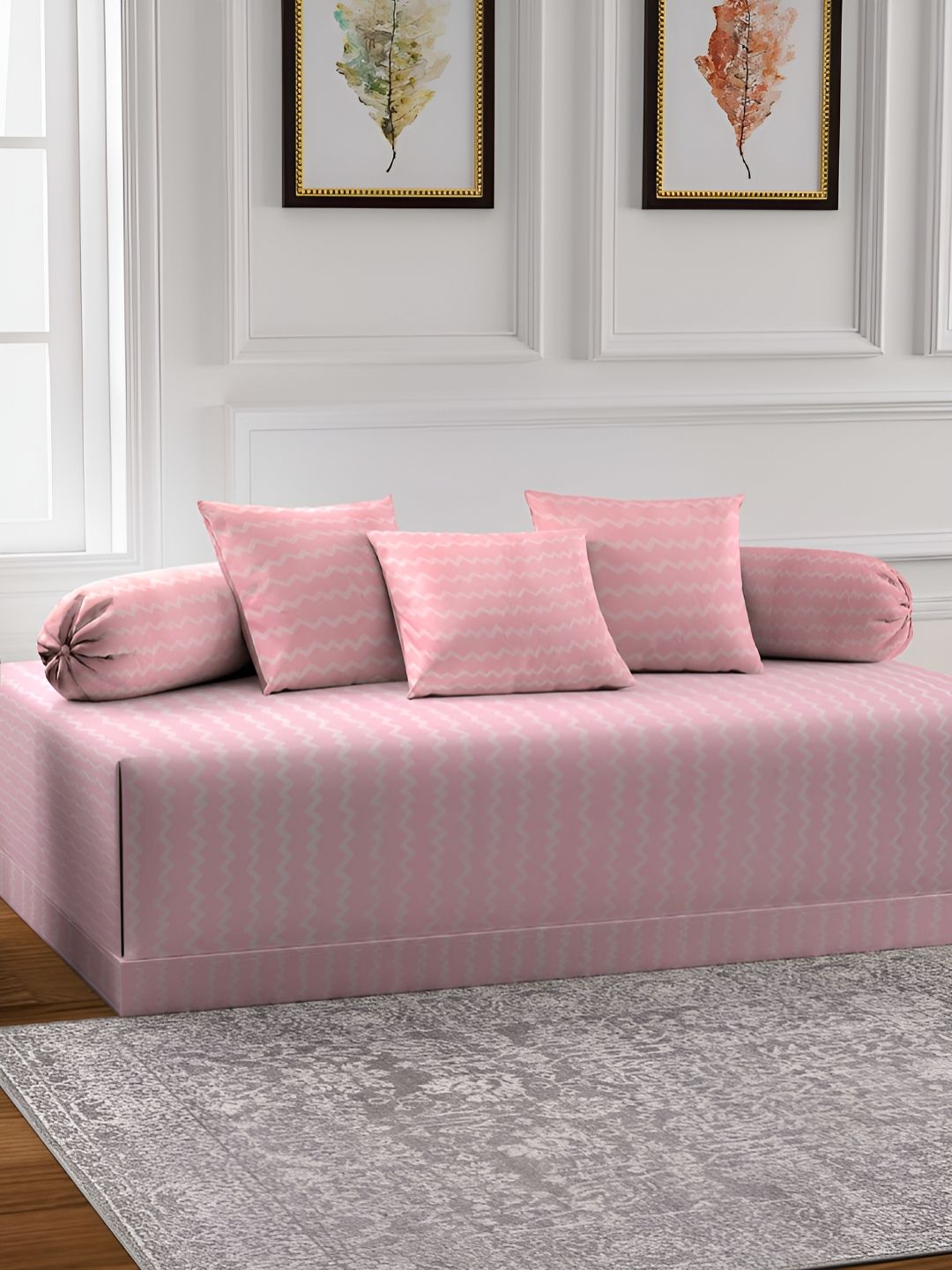 Aura Set Of 6 Pink & White Printed Stripes TC Cotton Diwan Set-picture-42