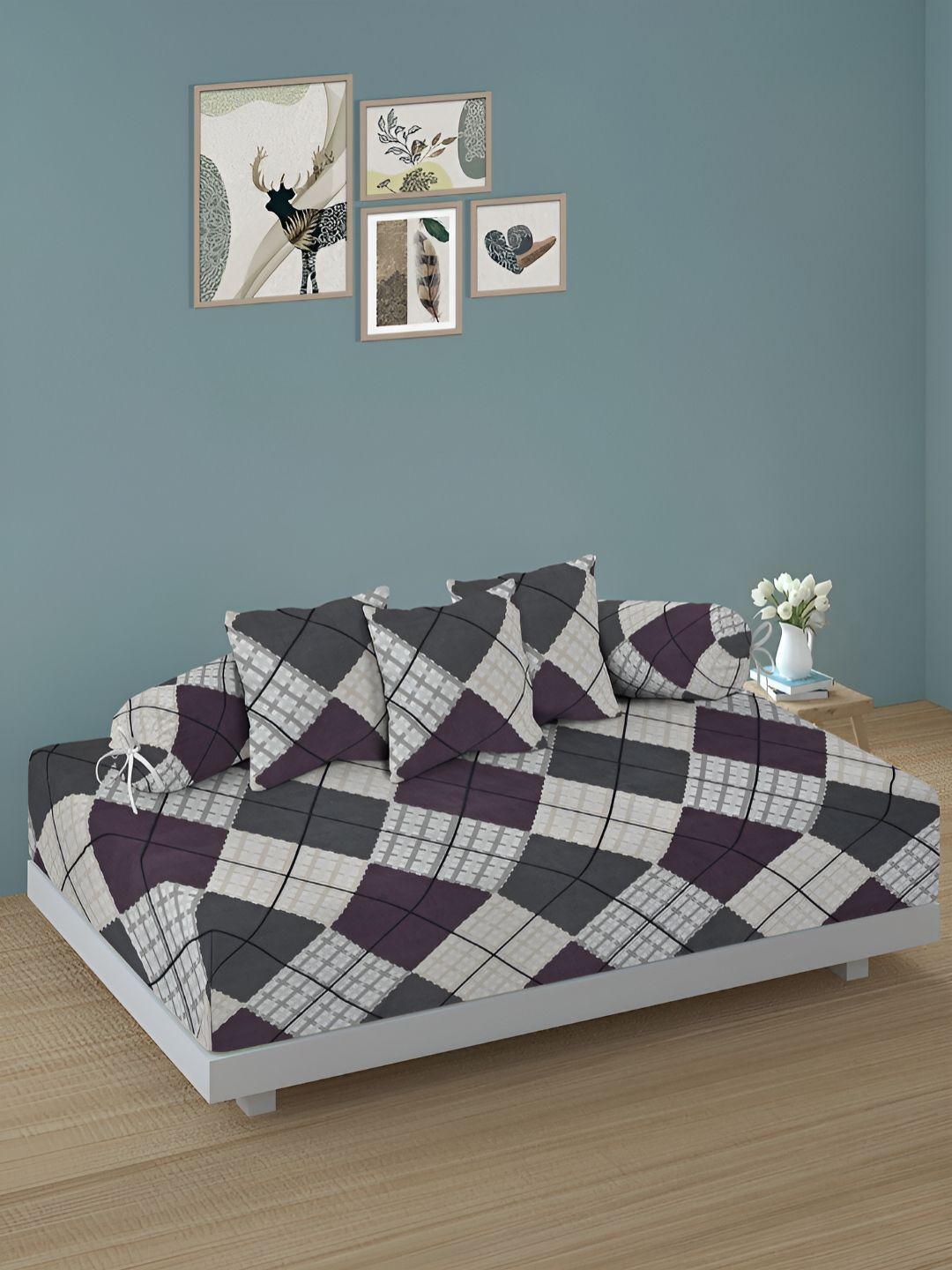 Aura Set Of 6 Black & Grey Printed Geometric TC Cotton Diwan Set-picture-29