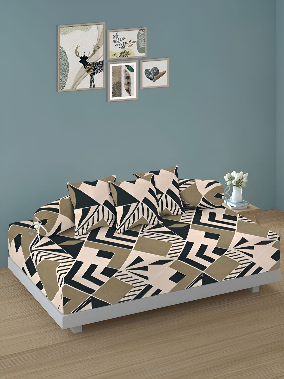 Aura Set Of 6 Cream & Green Printed Geometric TC Cotton Diwan Set-picture-40
