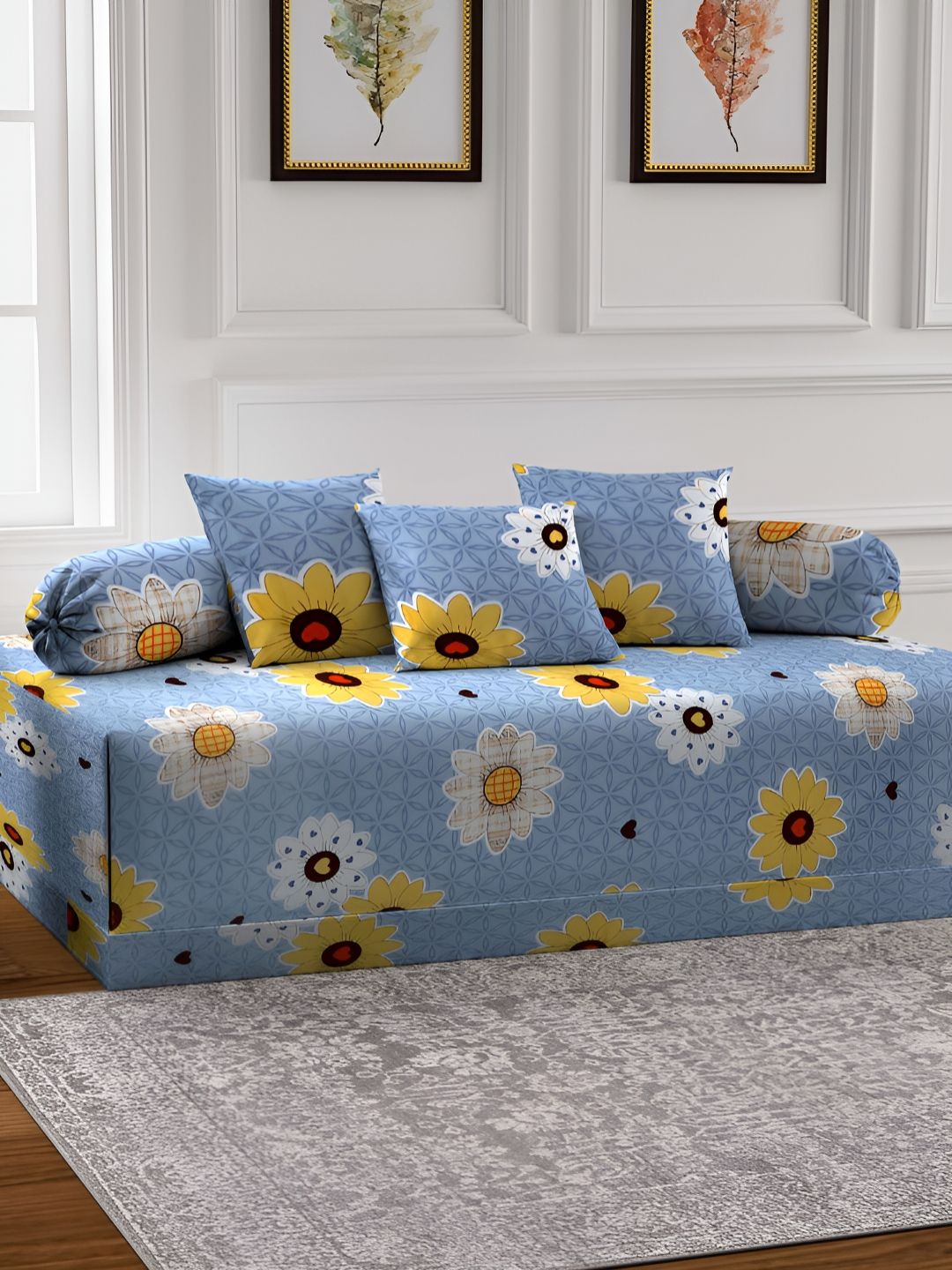 Aura Set Of 6 Blue & Yellow Printed Floral TC Cotton Diwan Set-picture-25