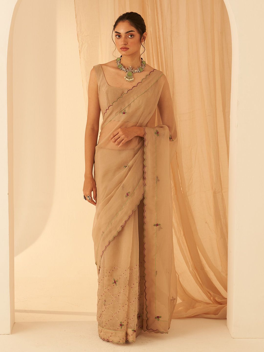 JANKI INDIA Ethnic Motifs Embroidered Organza Saree-picture-42
