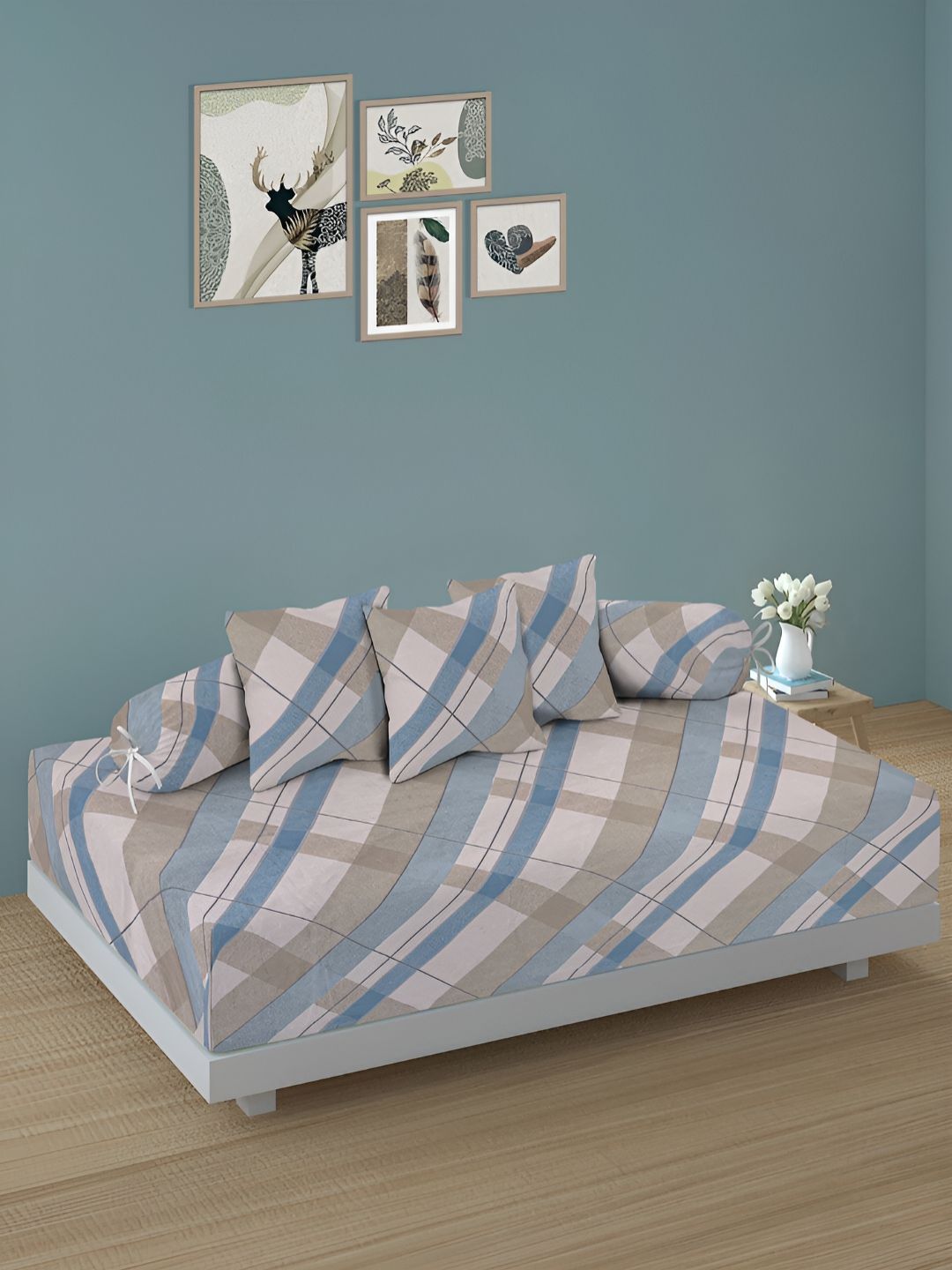 Aura Set Of 6 Brown & Blue Printed Stripes TC Cotton Diwan Set-picture-12