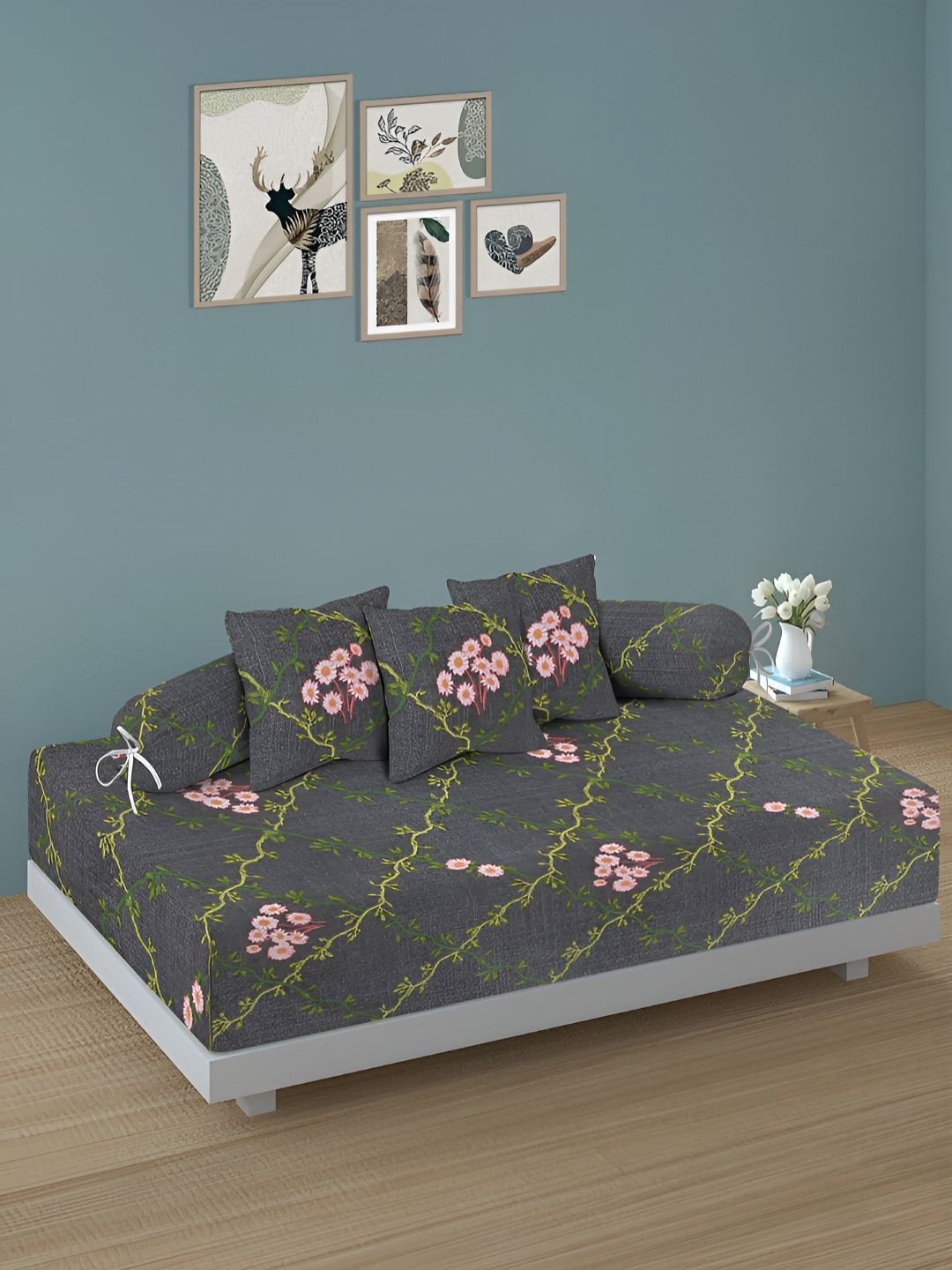 Aura Set Of 6 Grey & Green Printed Floral TC Cotton Diwan Set-picture-30
