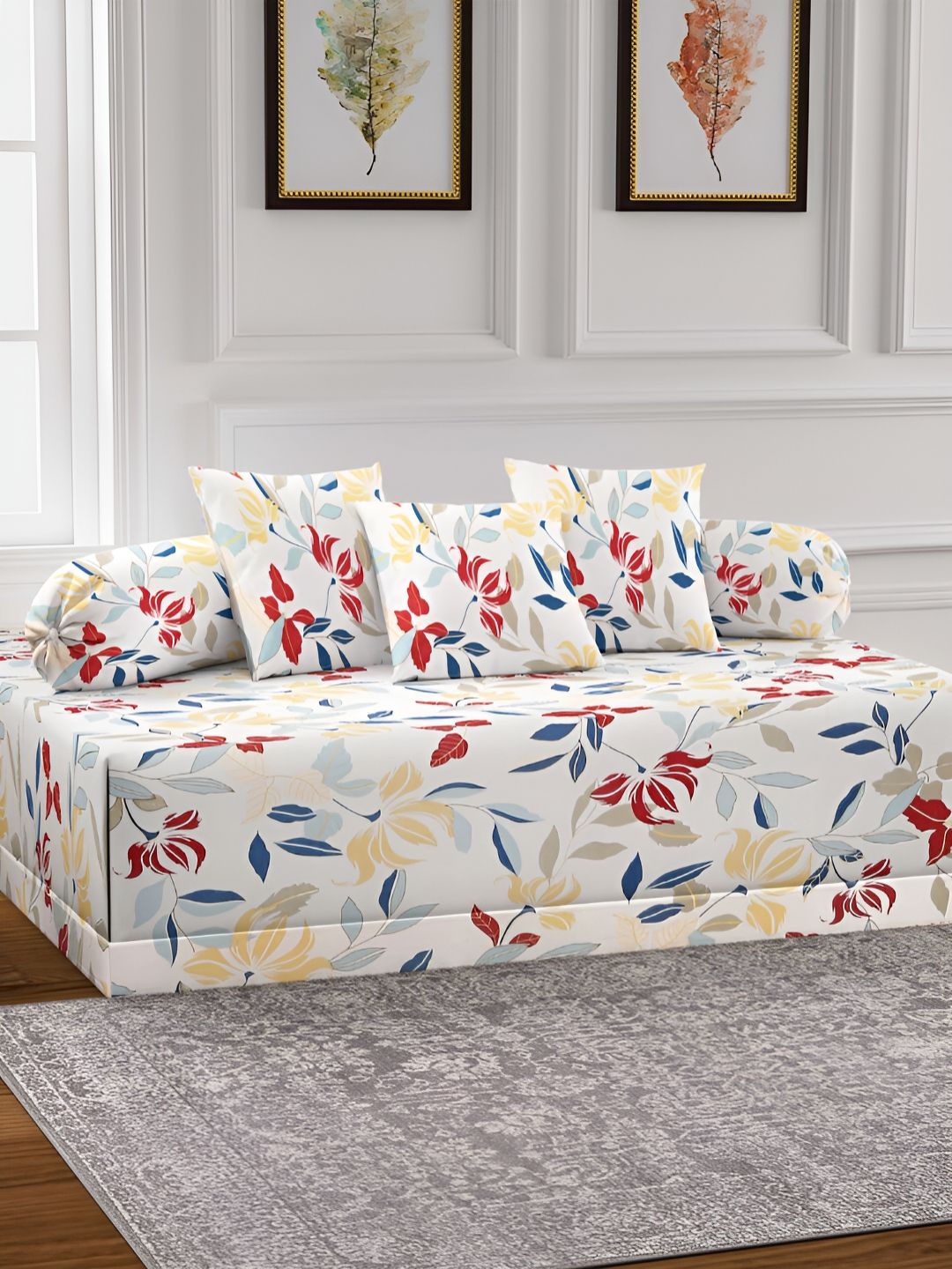 Aura Set Of 6 White & Blue Printed Floral TC Cotton Diwan Set-picture-15