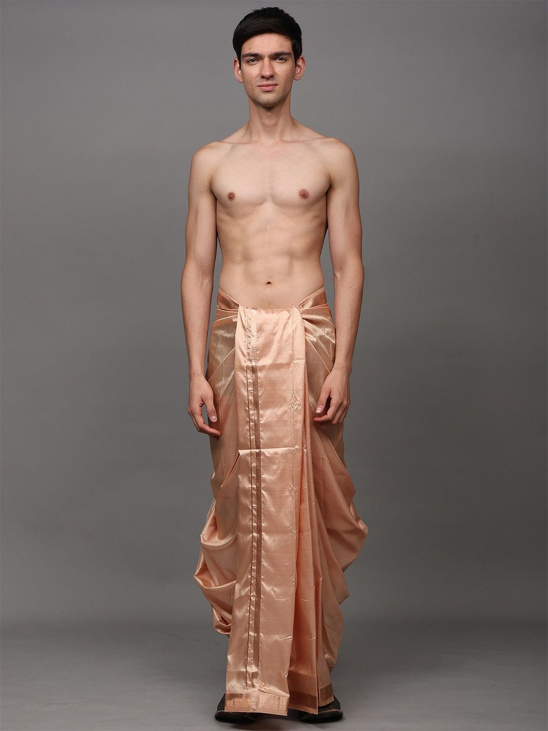 Exotic India Men Pure Silk Handloom Drape Dhoti with Copper Colored Thread work Border-image-16