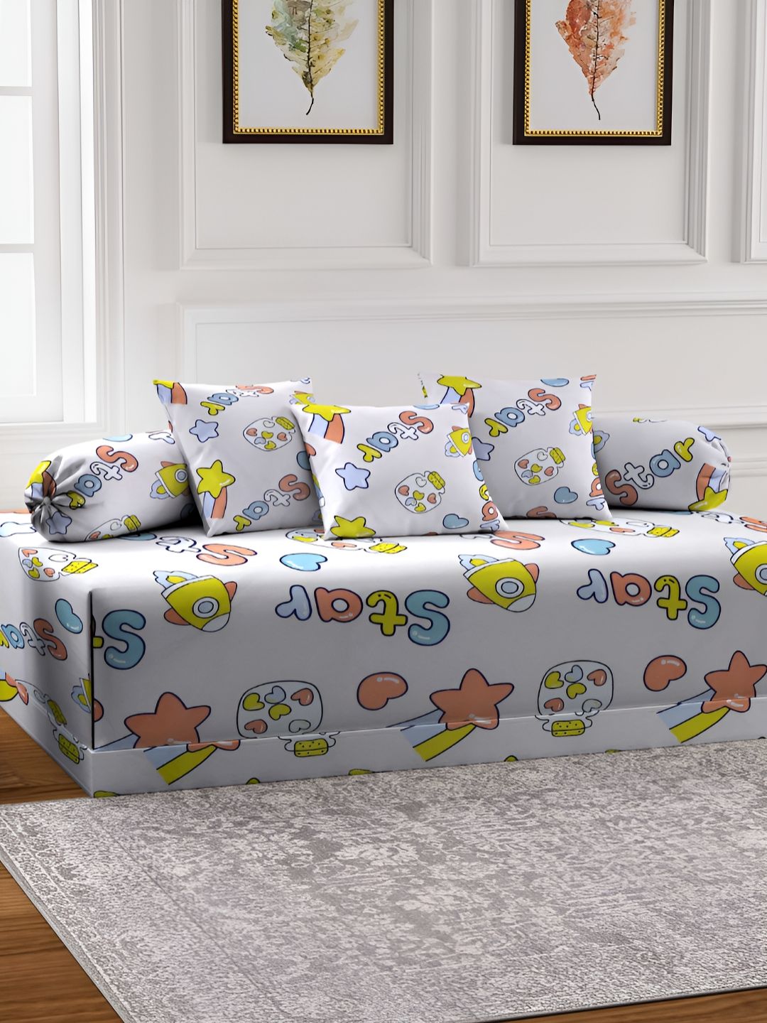 Aura Set of 6 Yellow & Beige Coloured Cartoon Characters Printed Diwan Set-picture-20