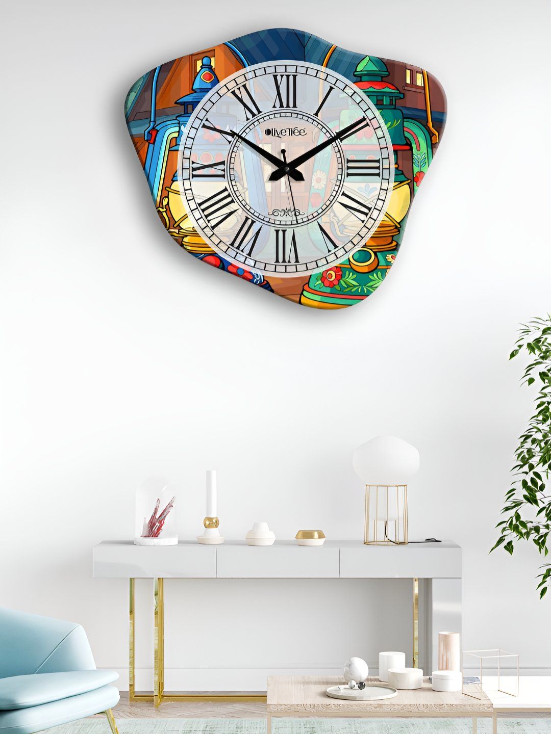 OLIVE TREE Blue & Orange Printed Wooden Geometric Vintage Wall Clock-picture-31