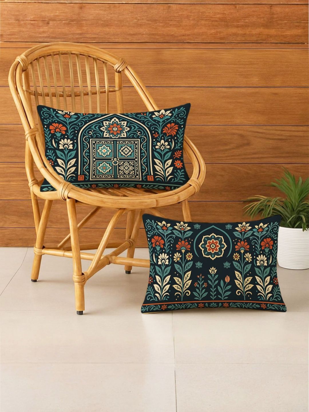 STITCHNEST Green & Off White 2 Pieces Ethnic Motifs Satin Rectangle Cushion Covers-image-14