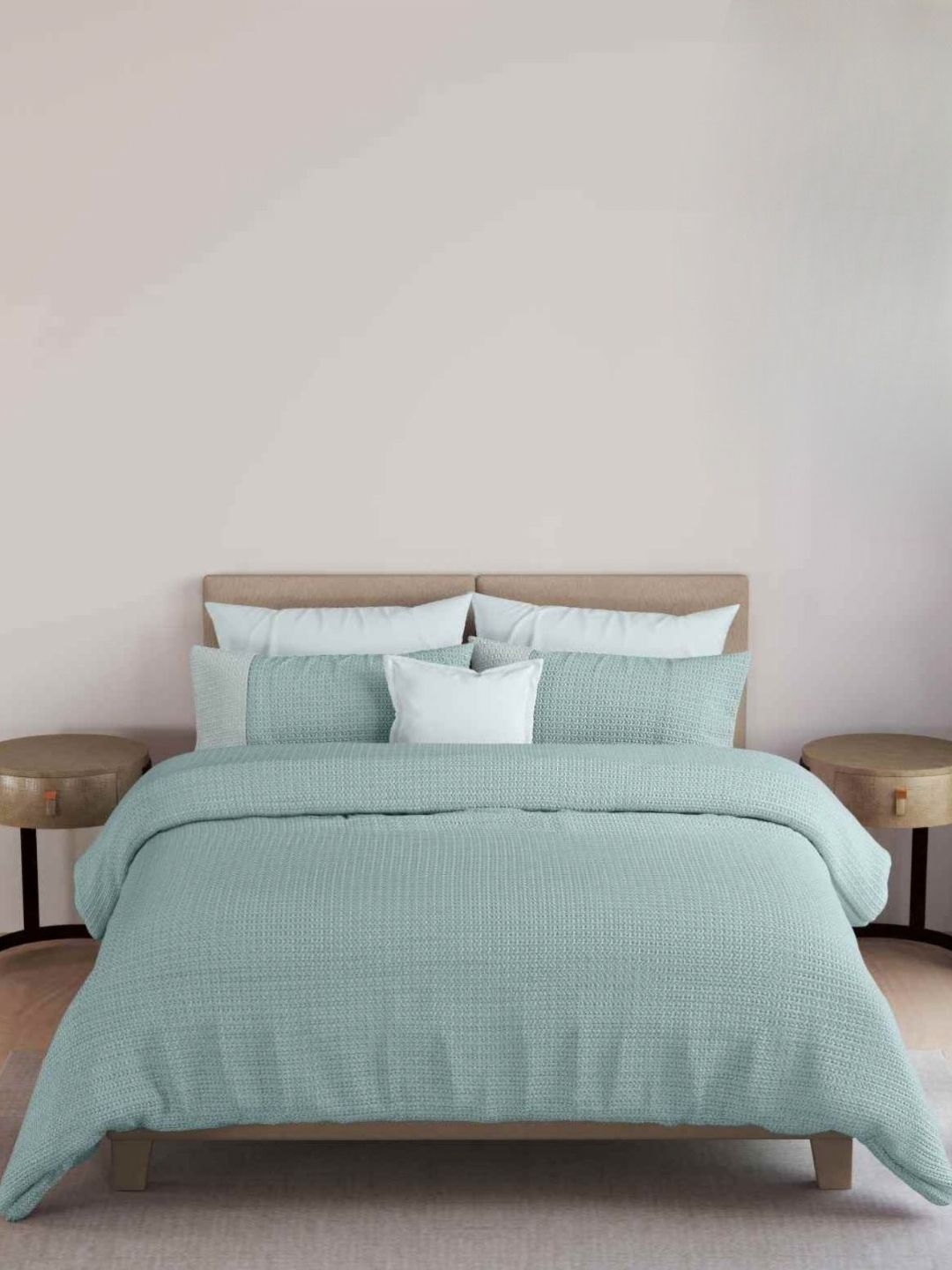 Triani 3Pcs Aqua-Blue Knitted 250-GSM Linen-Look Double Bed Cover With Pillow Covers-image-23