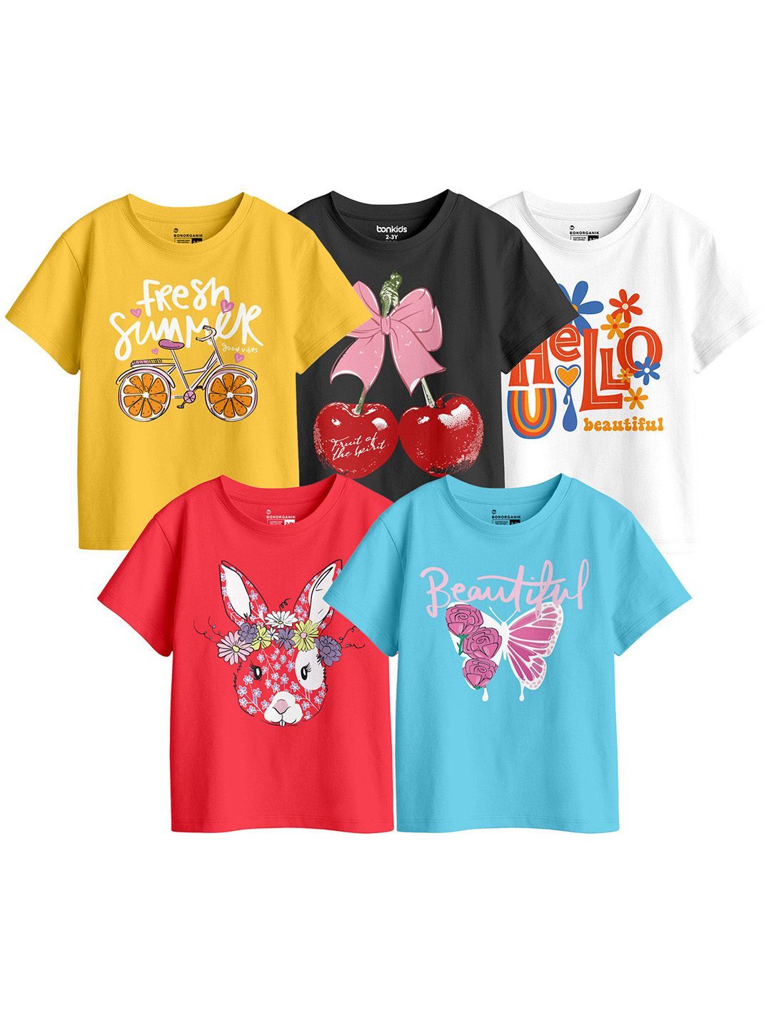 BonOrganik Girls Pack Of 5 Graphic Printed Pure Cotton T-shirt-picture-29